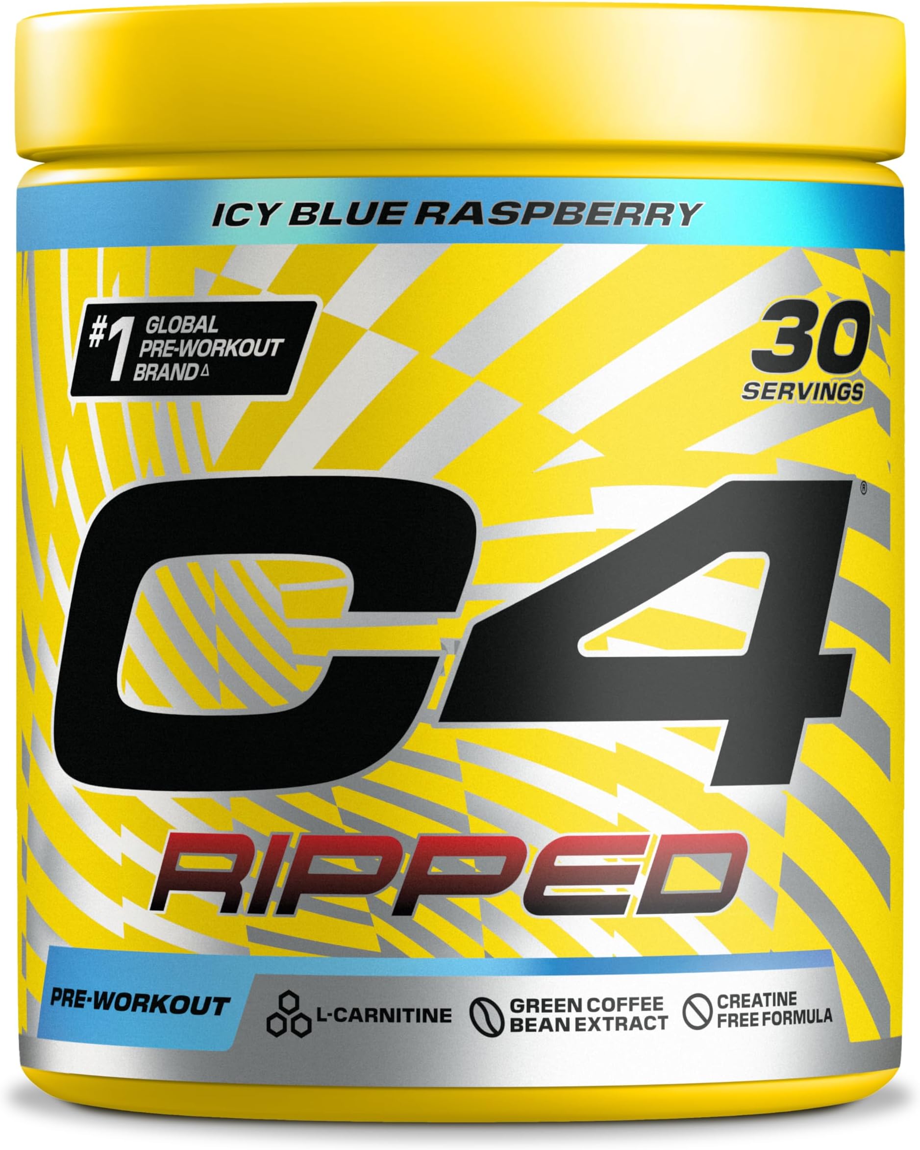 C4 Ripped Pre Workout Powder ICY Blue Raspberry 30 Servings | Zero Sugar Pre Workout with 150mg Caffeine, 500mg L Carnitine, 1600mg Beta Alanine, 200mg Green Coffee Bean Extract