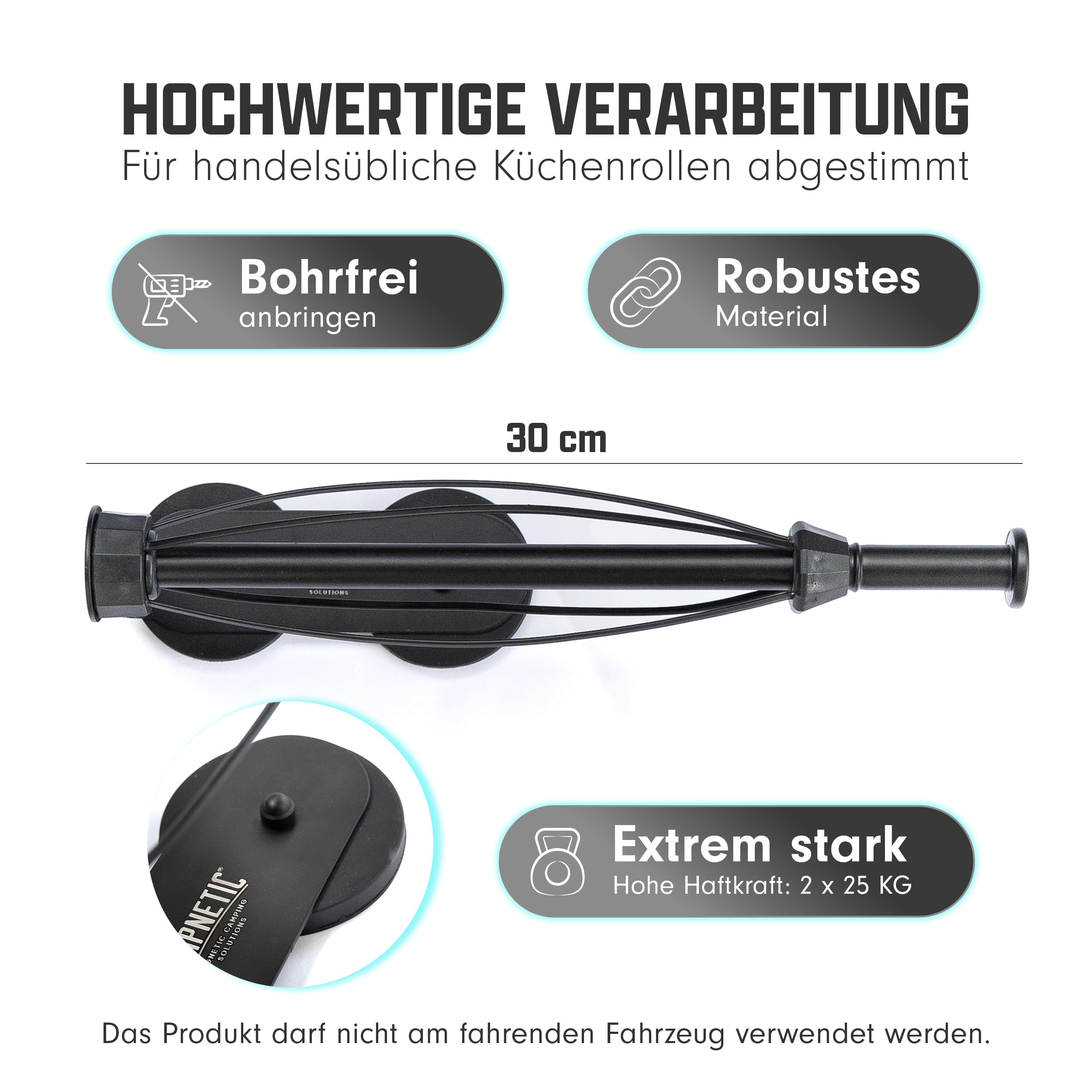 Campnetic Magnetischer Küchenrollenhalter für Camping | Magnethalterung, Camping Zubehör, Camping Magnete, Ideal für Camper und Vanlife, Inkl. Aufbewahrungsbeutel