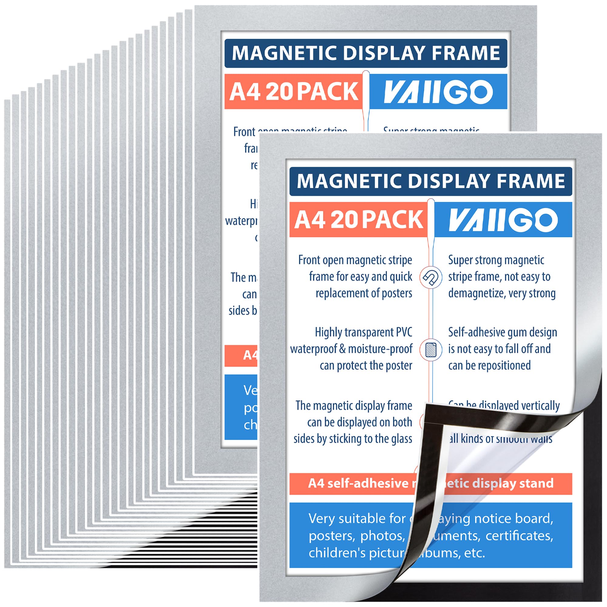 VAIIGO 20Pcs Magnetic Frames A4, Self Adhesive Magnetic Display Frame, Window & Door Sign Holders for Poster Ads Notices Documents Pictures, Silver