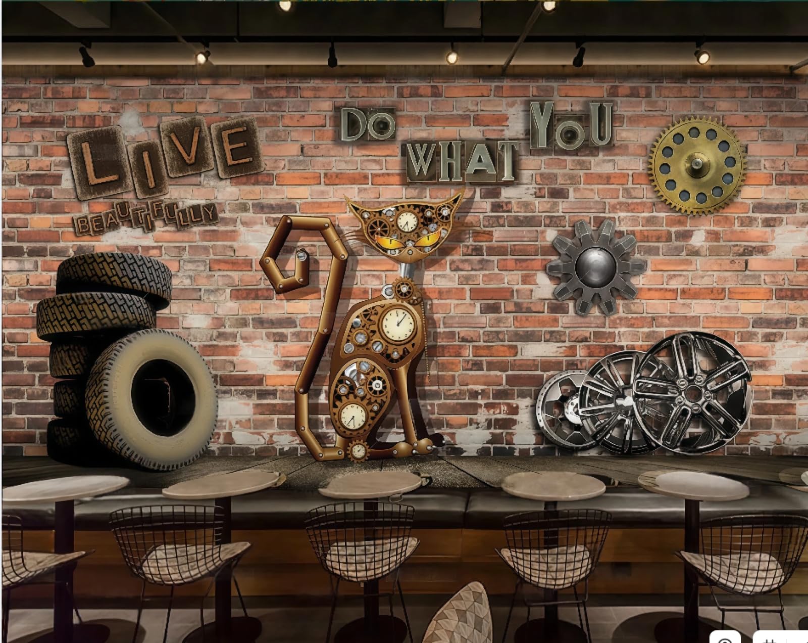 rskjdghshd Wallpaper Retro Brick Wall Three-Dimensional Mechanical Gear Tire Theme Music Bar Western Restaurant Background Wall Mural Afternoon Tea Coffee Shop Wallpaper,3D,200x140cm