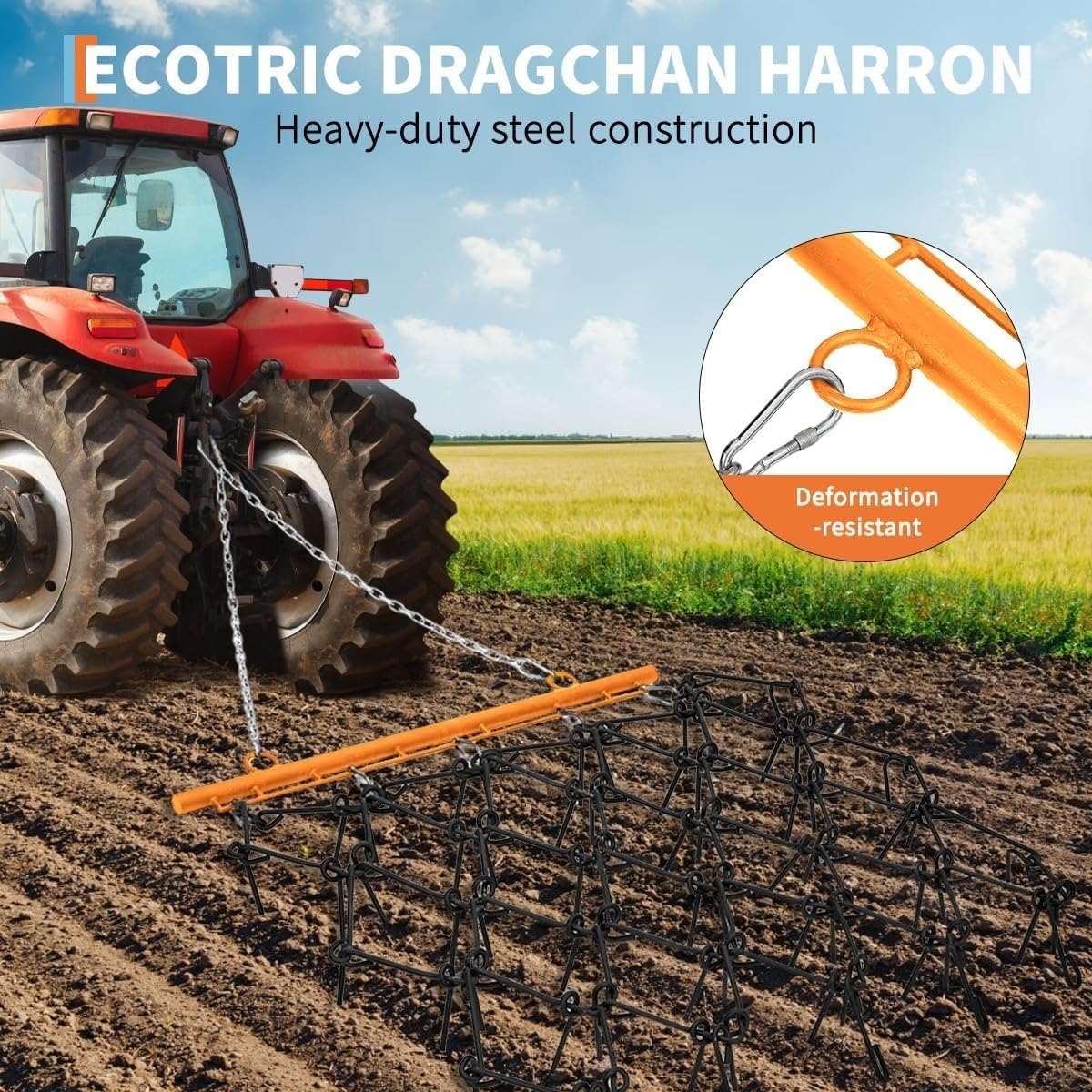 Heavy Duty Drag Harrow 4x4 FT with 4 Ft Chain, 3/8" Tines Durable Chain Harrow for ATV UTV Lawn Tractor, Ideal for Leveling, Grading, Seeding, Soil Preparation, Yard & Driveway Maintenance, Orange