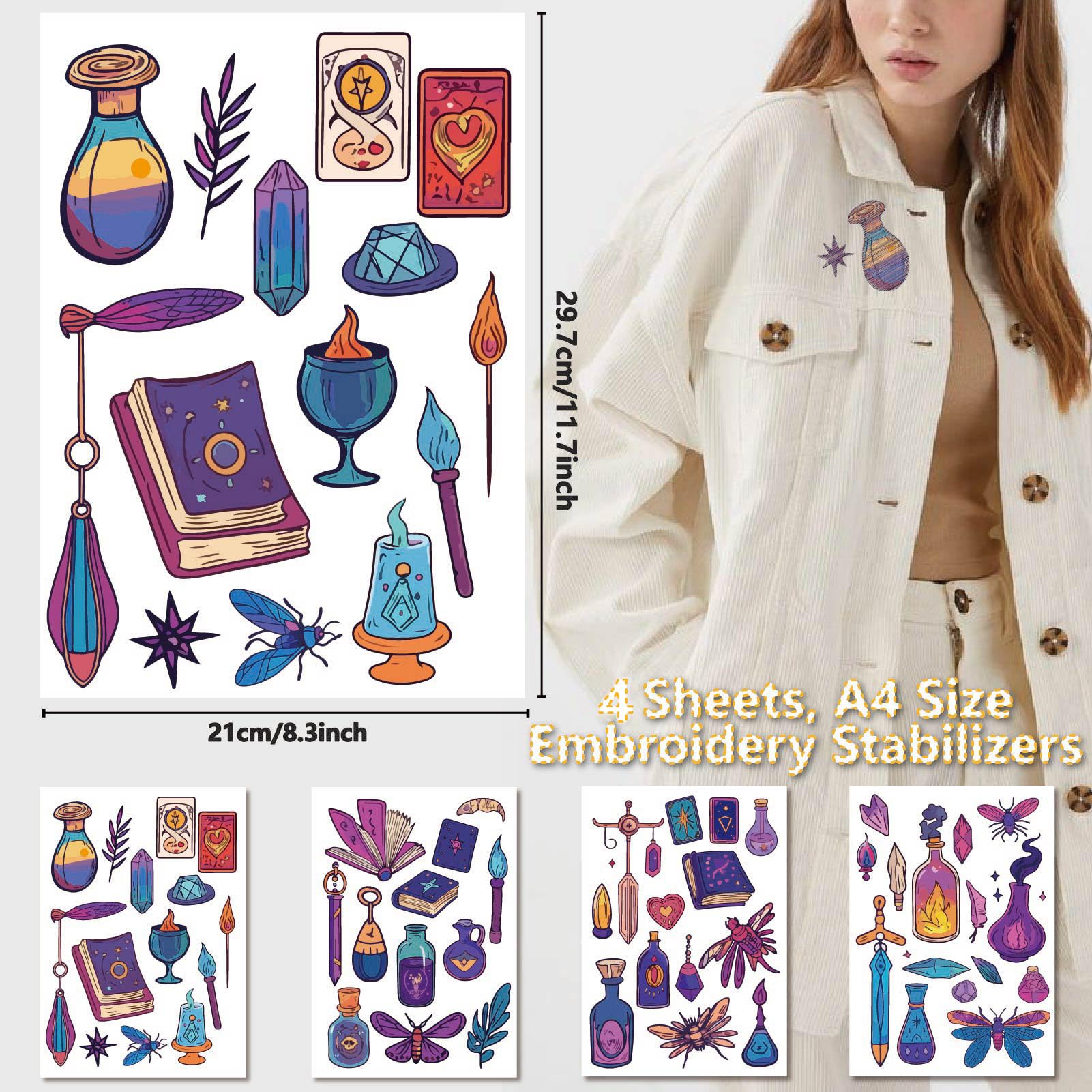 CRASPIRE 4 Sheets Tarot Magic Books Water Soluble Embroidery Patterns Boho Crystal Moth Sewing Stick and Stitch A4 Transfers Fabric Stabilizers Wash Away Pre-Printed Self Adhesive for Cloth DIY Lover