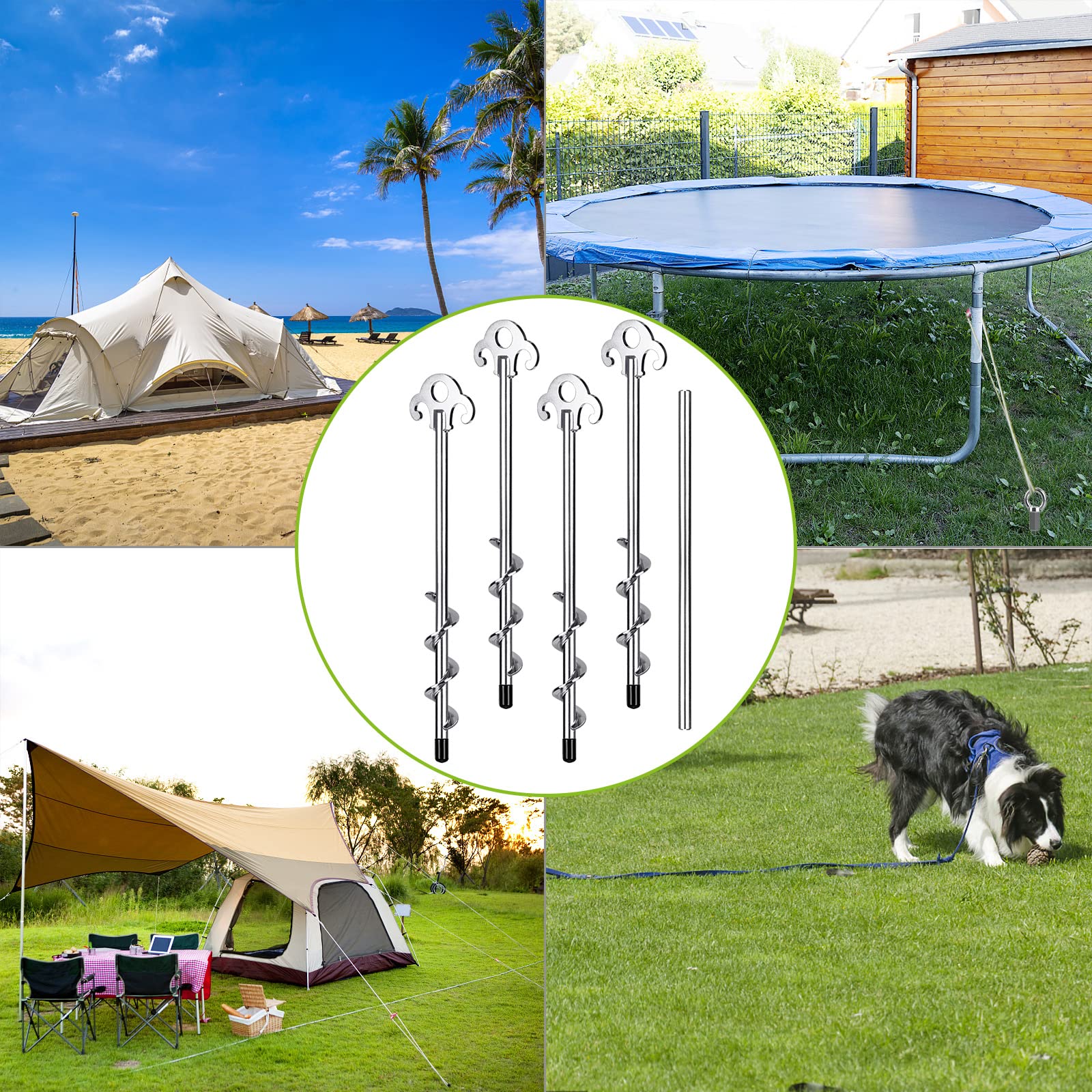 Kit 4 Ancres Au Sol BeneLabel 50cm - Spirale 7,2cm - Pour Trampoline, Abri Voiture, Balançoire, Clôture - Avec Plaque Fixe Et Anneau