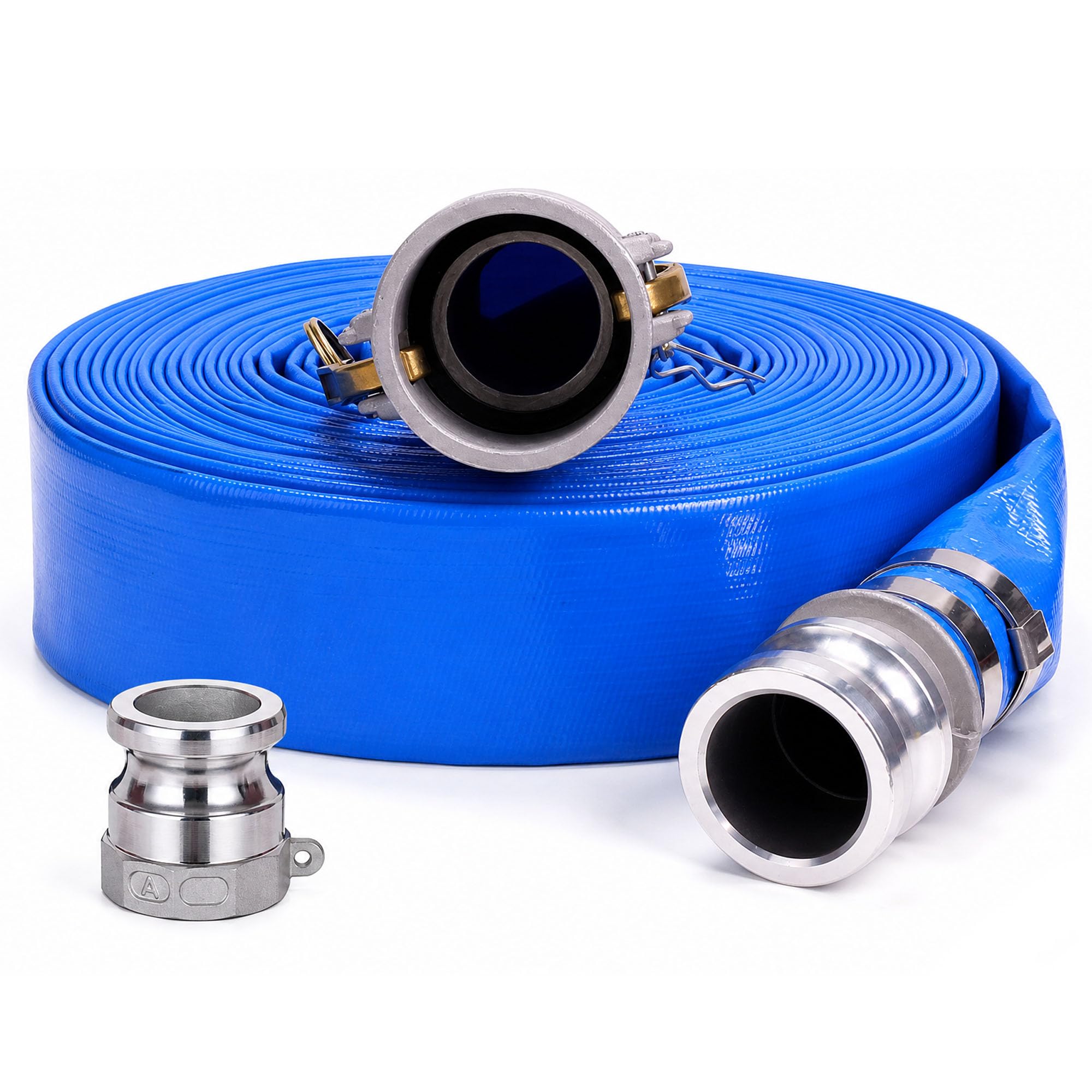 Photo 1 of 1-1/2" x 100ft PVC Lay Flat Discharge Hose With Aluminum Camlock C & E Fittings, Cam Lock Fitting Type A included, Heavy Duty Reinforced Pump Backwash Hose Assembly