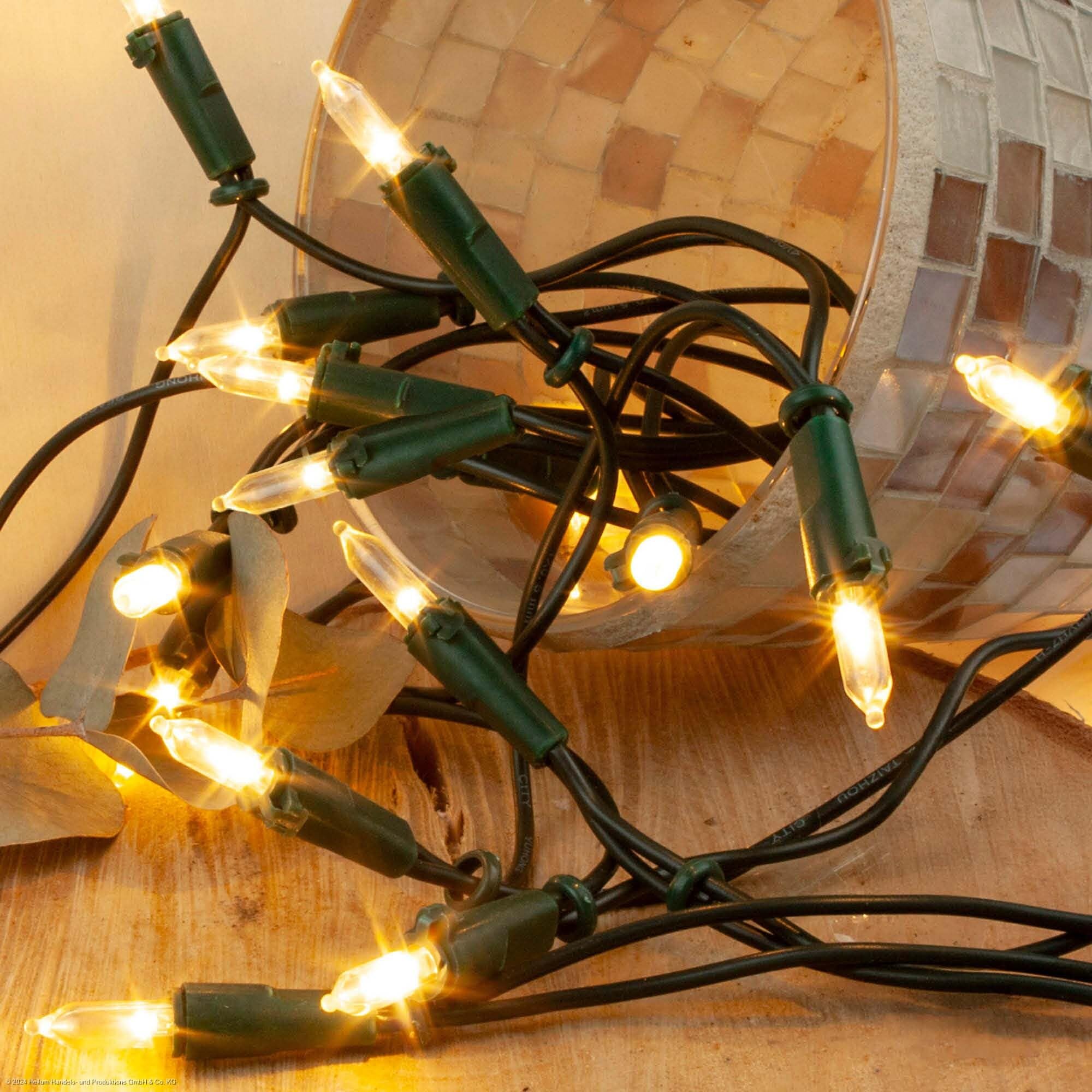 hellum 150230 Guirlande lumineuse d'intérieur avec 100 LED, blanc chaud, guirlande lumineuse longue de 14,85 m éclairée avec câble vert, guirlande lumineuse intérieure avec prise, câble d'alimentation