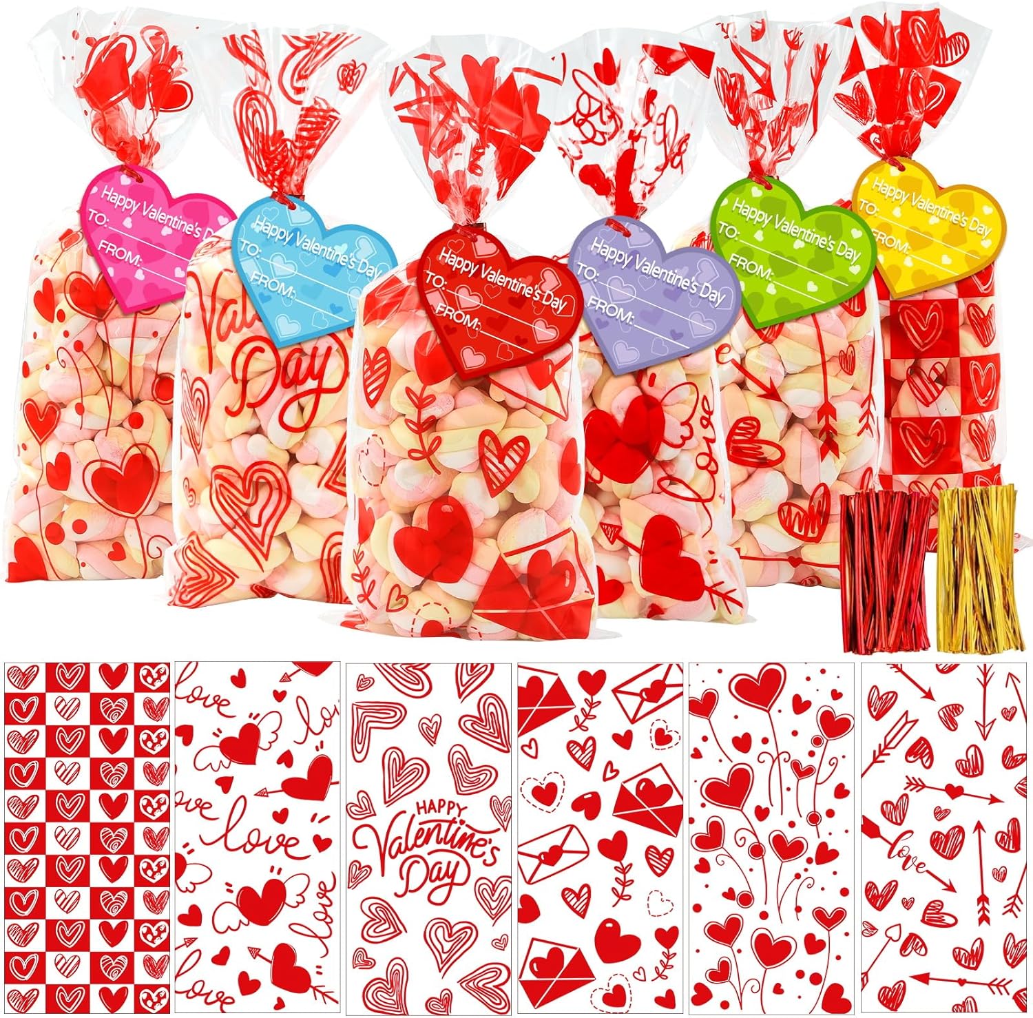 DIYDEC 120pcs Valentines Cellophane Bags, Red Heart Valentine Candy