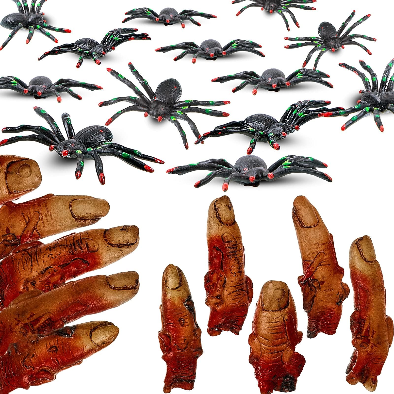 10 Pieces Bloody Fake Fingers Realistic Severed Prosthetic Fingers and 10 Pieces Mini Fake Black Spiders Realistic Plastic Spiders Scary Prank Toys Horror Toys Halloween Decorations Props