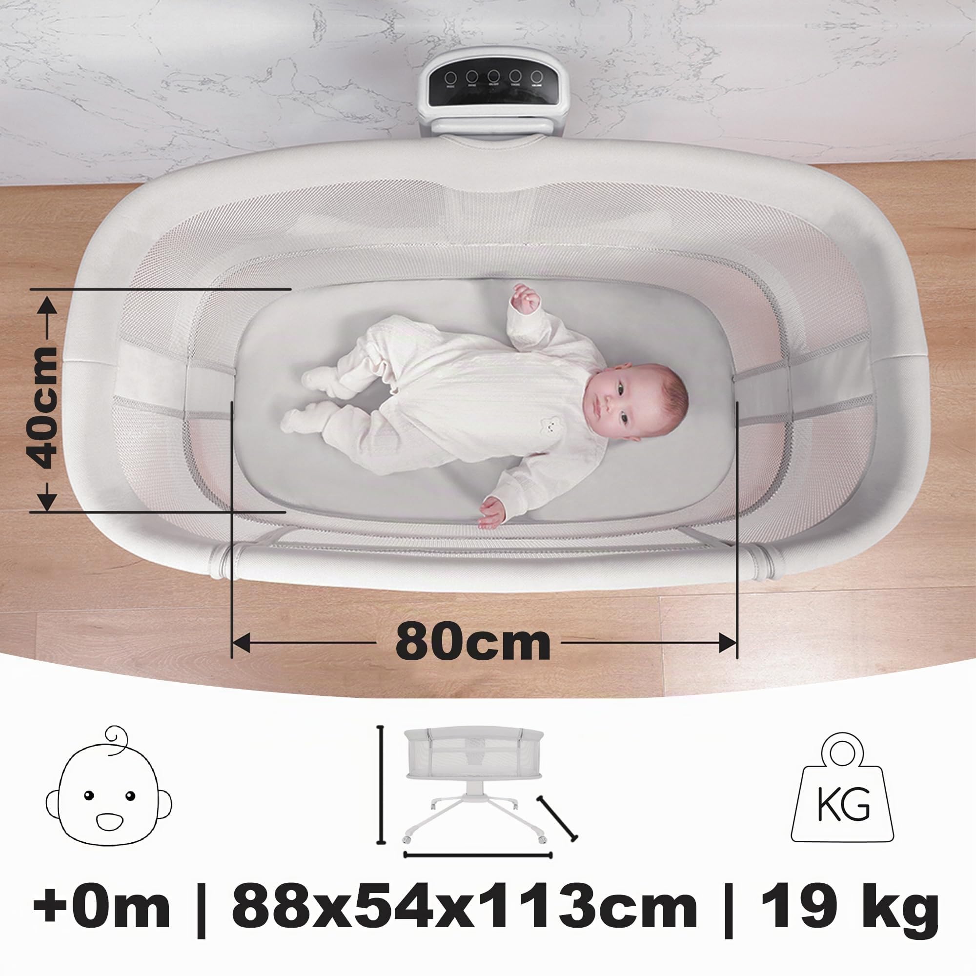 Olmitos Mini Cuna Multifuncional para Bebé 4 en 1: Moisés, Minicuna Colecho, Parque de Juegos | Colchón Lavable, Balanceo Automático, Conectividad Smart y Capota con Mosquitera (Gris Claro)