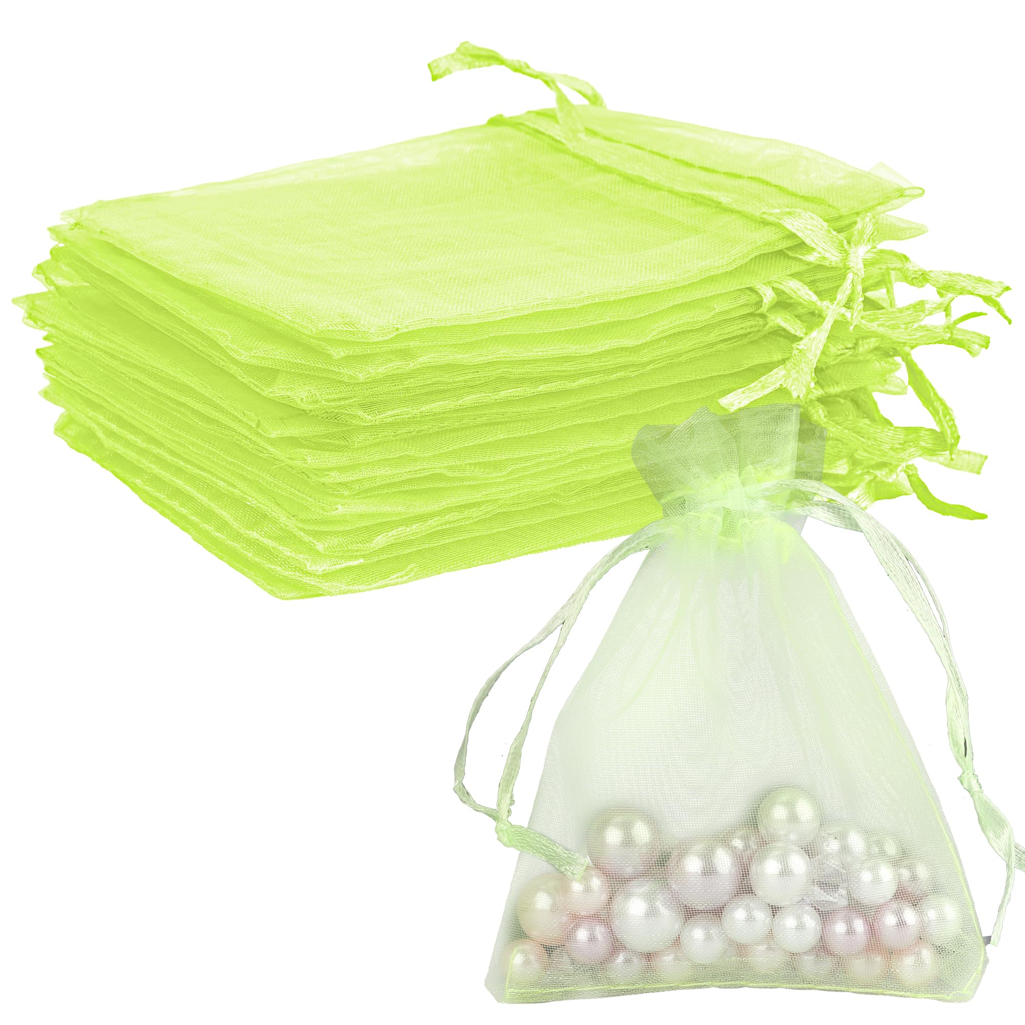 Organza Bags 50Pcs, 3 x 4 Inch Sheer Drawstring Jewelry Gift Pouches, Mesh Party Wedding Favor Mini Candy Bags for Christmas, Fruit Green