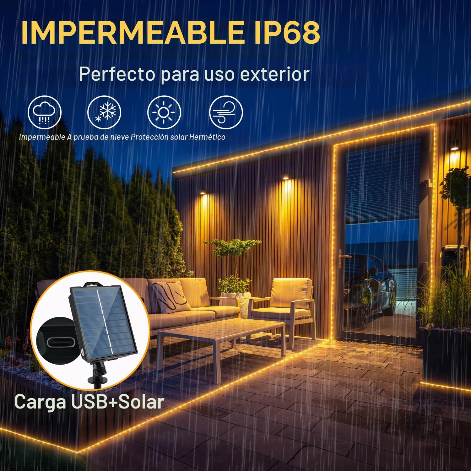Tubo solar LED exterior (diámetro: 5,5 mm), 15 m, 600 ledes, luz blanca cálida, para exteriores, con función de carga USB y mando a distancia, para fiestas, jardín, balcón