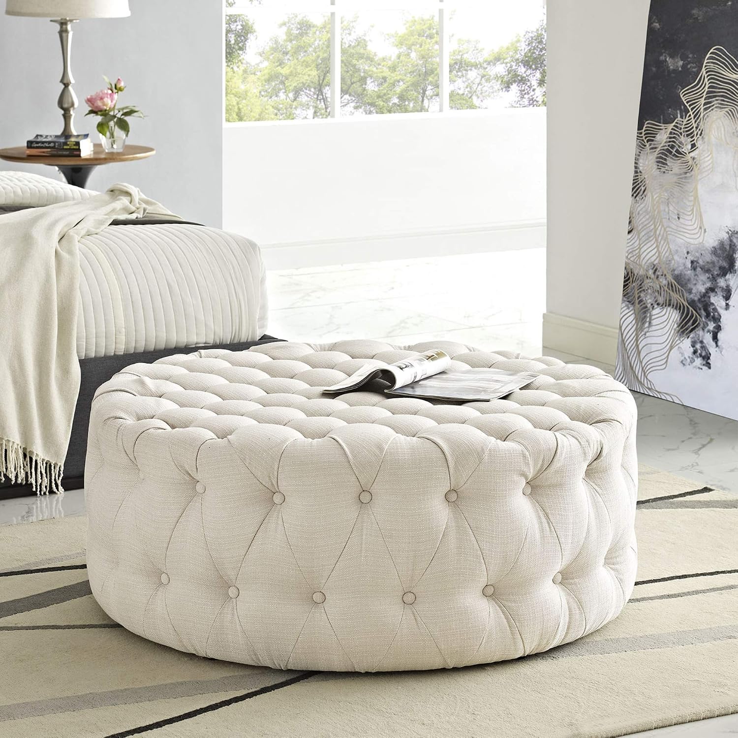 Ergode Amour Round Ottoman - Elegant Tufted Design, Plush Foam Padding, Premium Fabric Upholstery
