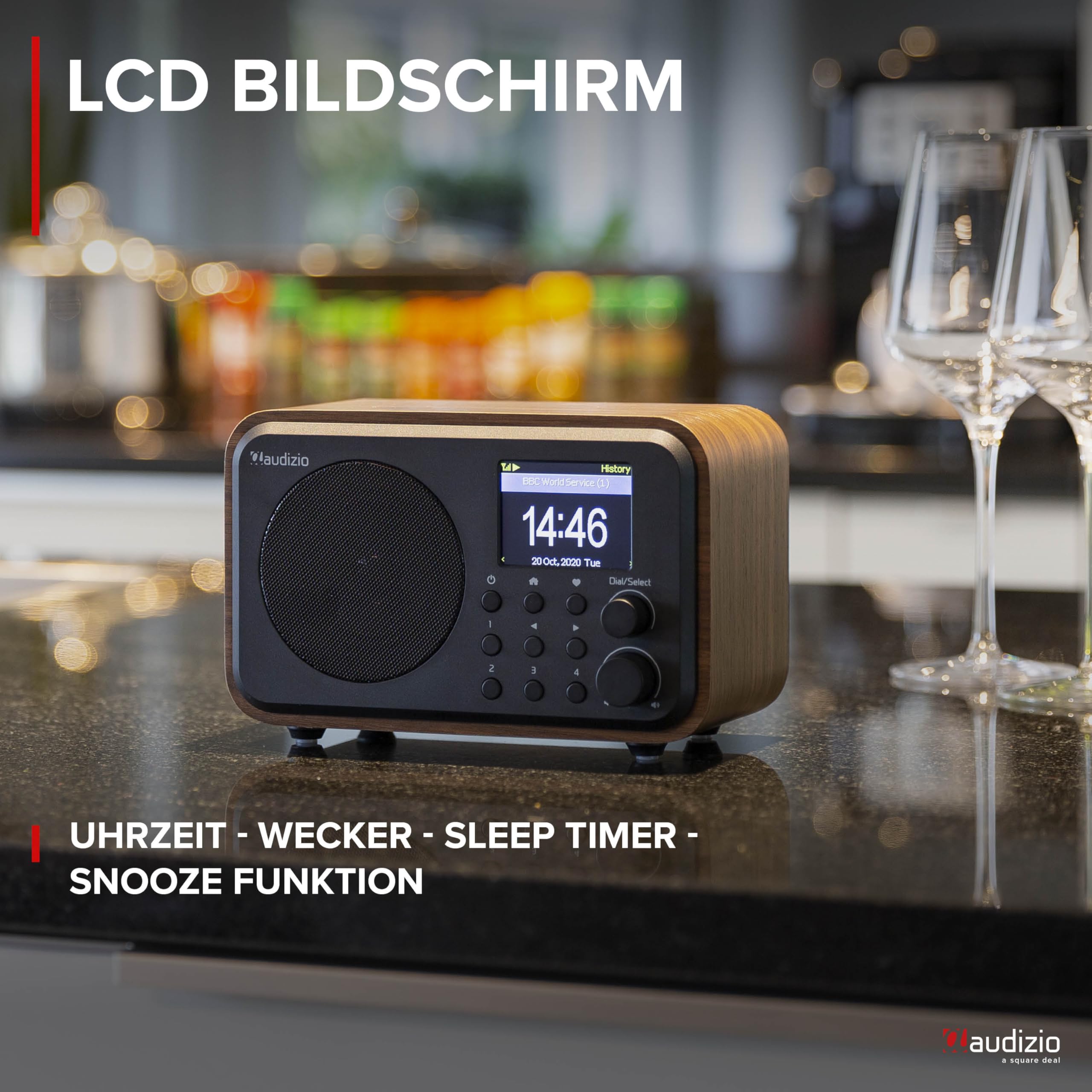 Audizio Vicenza Internetradio DAB Radio mit Bluetooth 5.1 mit Fernbedienung, WLAN, 10 Std. Akku, Line-Out, Küchenradio, FM/UKW, USB-C Ladekabel - DAB Plus Radio in Braun