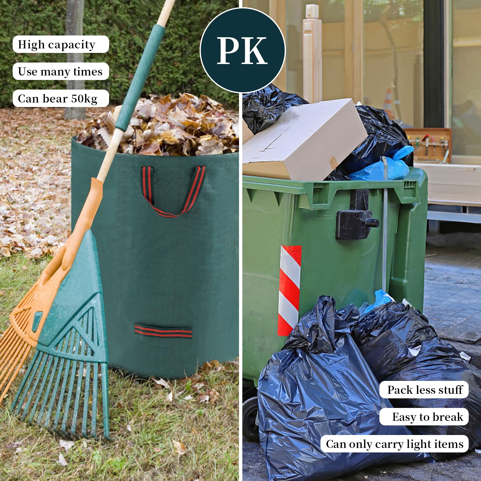 Ordeluxe 3x272L Sacchi per Rifiuti da Giardino, Sacchi Giardinaggio Resistenti agli Strappi e Impermeabili, Sacco Raccogli Foglie Pieghevole Autoportante, Supporta fino a 50 kg