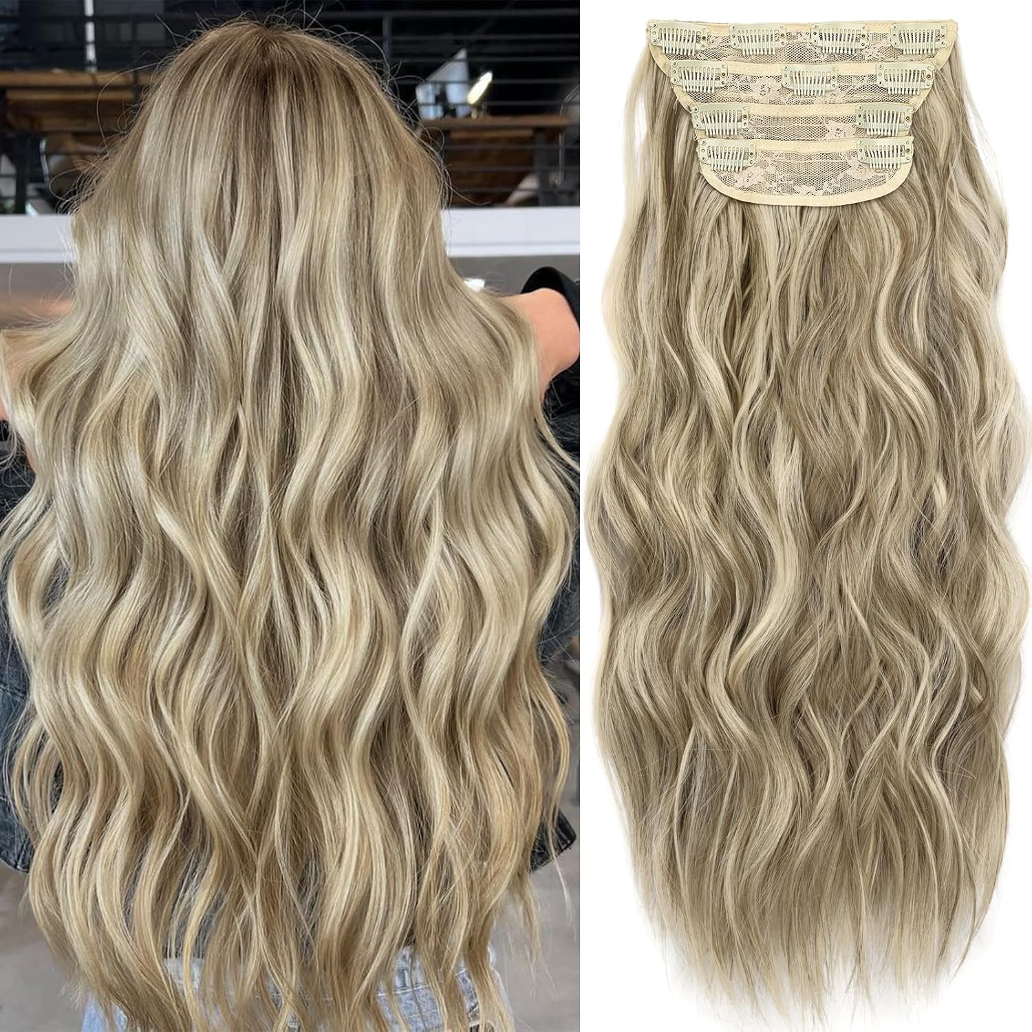 KooKaStyle Clip in Synthetic Highlight Hair Extensions Long Wavy 4PCS Thick Hairpieces Ash Brown mix Platinum Blonde Fiber Double Weft Natural Hair Extensions 20 Inch for Women 20 Inch Ashy Beige Blonde Balayage with Platinum Blonde Highlights