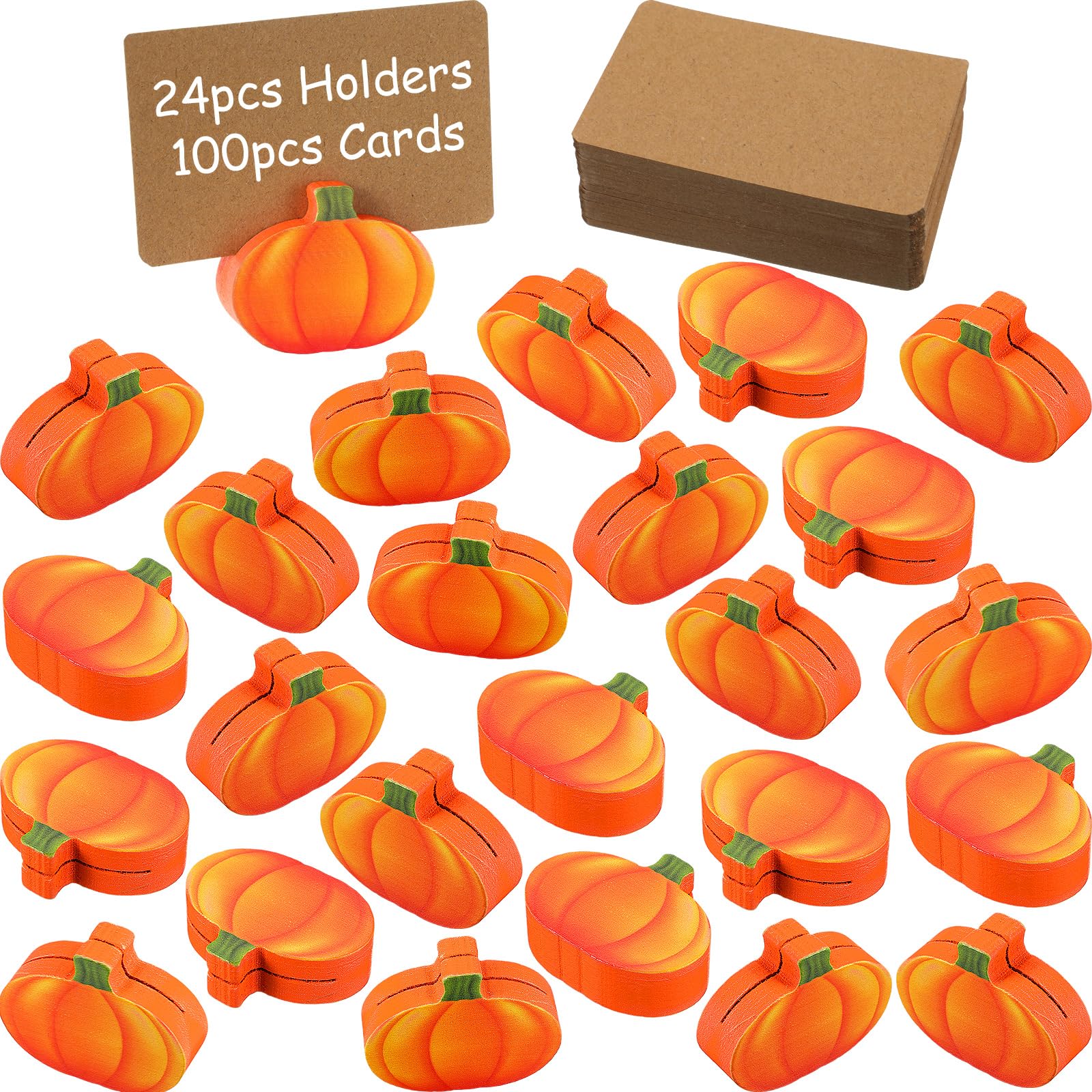 Qeeenar 24 Pcs Pumpkin Place Card Holder Bulk Fall Themed Table Sign Stands Rustic Wooden Table Decor with 100 Pcs Kraft Place Cards for Thanksgiving Fall Wedding Brunches Reception Party (Orange)
