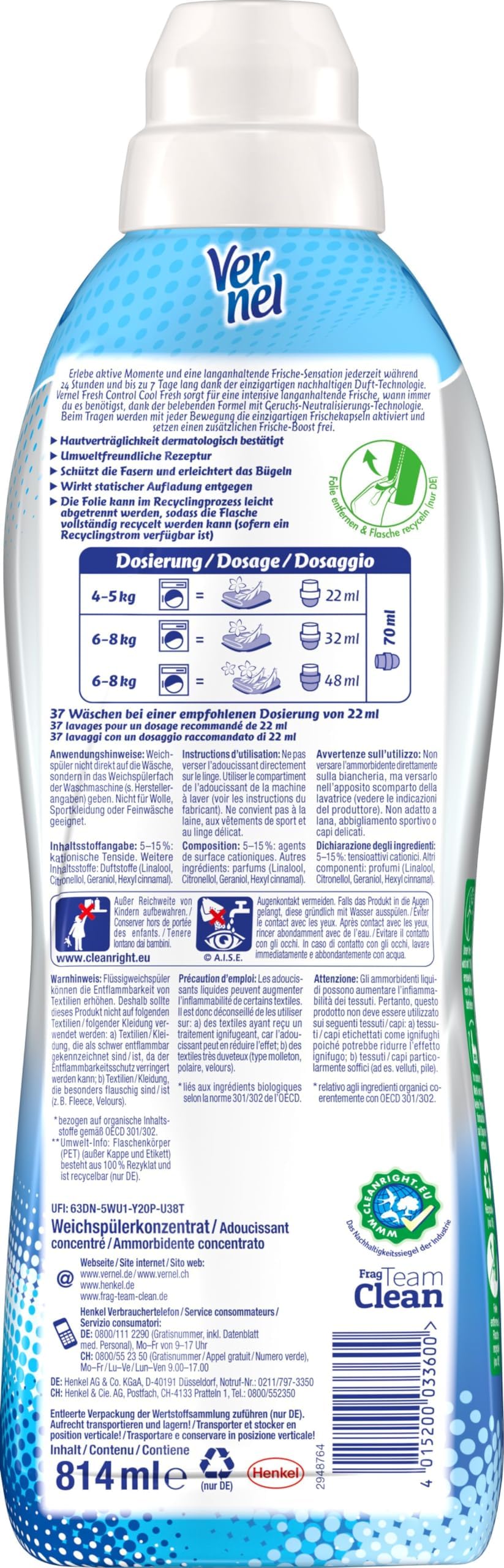 VERNEL Fresh Control Cool Fresh płyn do płukania 6 x 37 WL (222 prania), zapach prania zapewnia długotrwałą świeżość 24/7 z technologią neutralizacji zapachów, butelka nadająca się do recyklingu