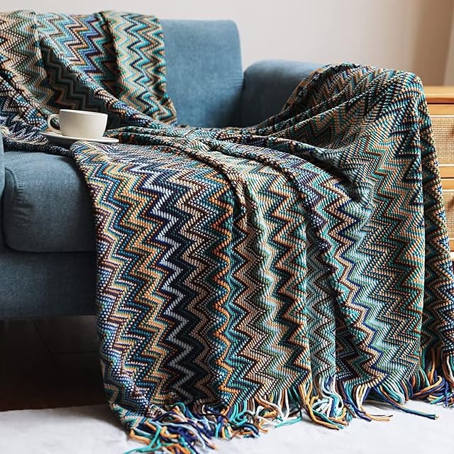 ESPFHN Bohemian Knitted Throw Blanket Nordic Style Throw with Tassels, Acrylic Knitted Throw Decorative for Sofa Chair Bed Couch Settee, Warm Thick Armchair Cover Soft Blanket 127*152cm(Blue)