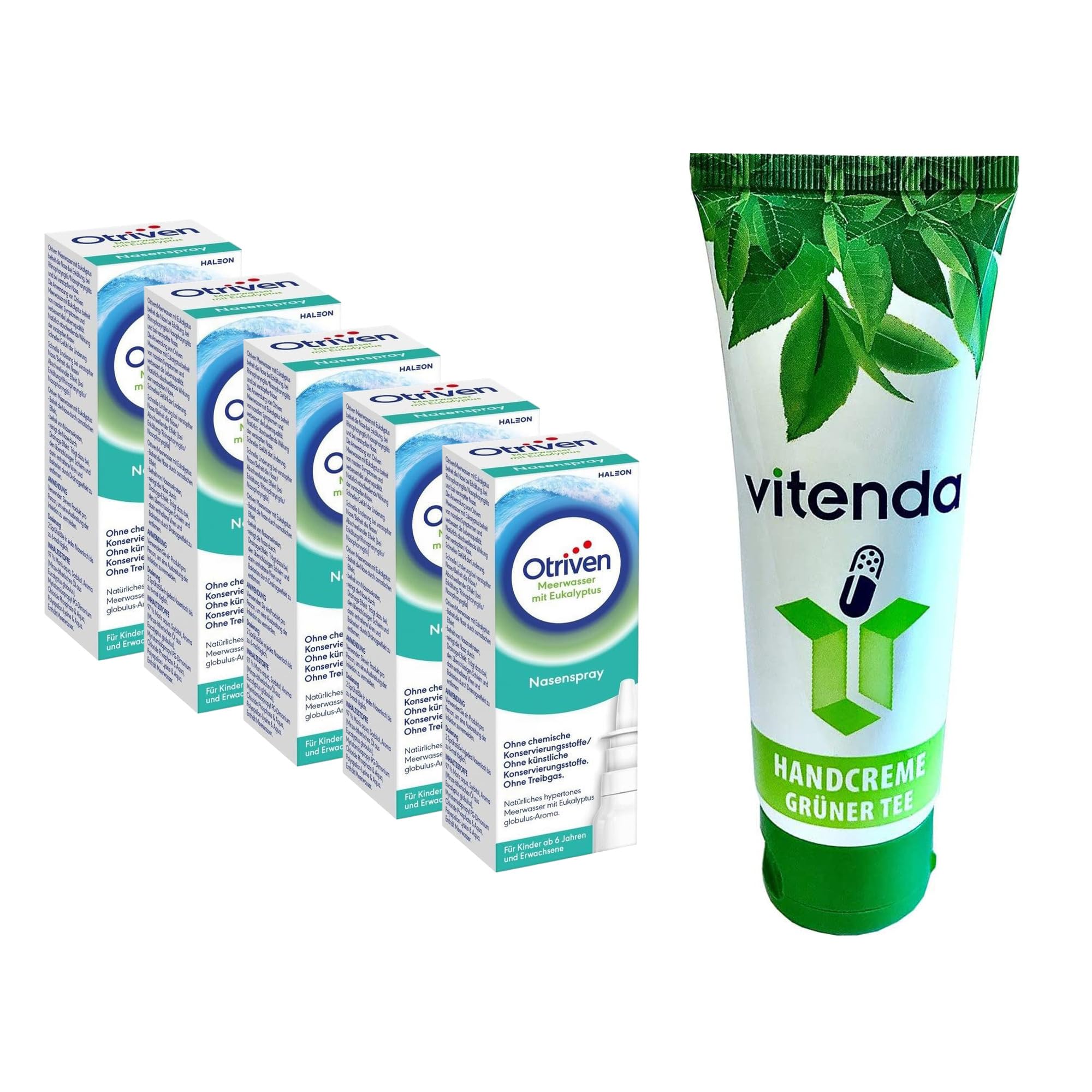 Set: Meerwasser Nasenspray mit Eukalyptus & Minze bei verstopfter Nase, mit Otriven, 5x20ml – inkl. vitenda Handcreme