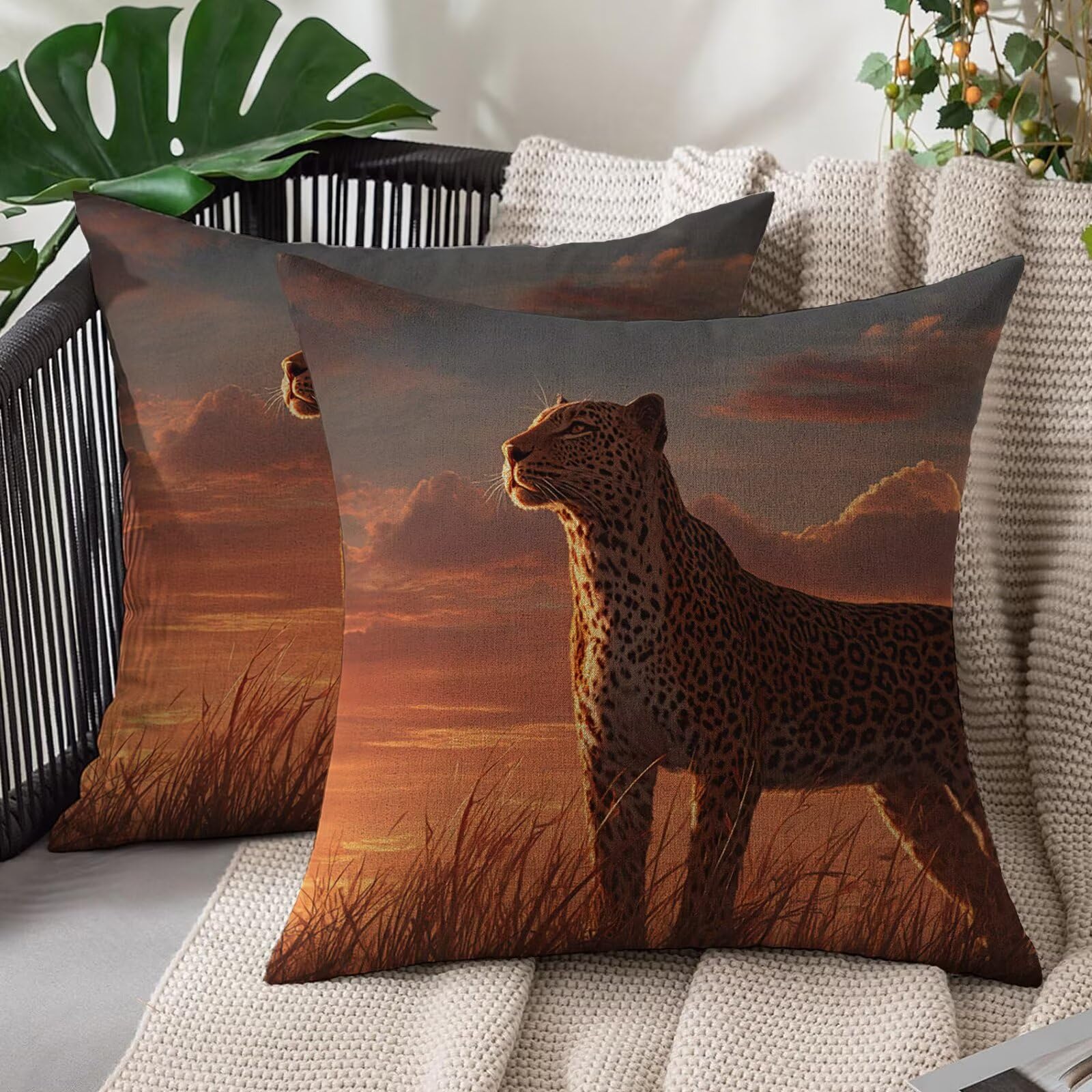 Housse coussin 60x60 anti-tache résistant à l'eau lot de 2 taies canapé léopard