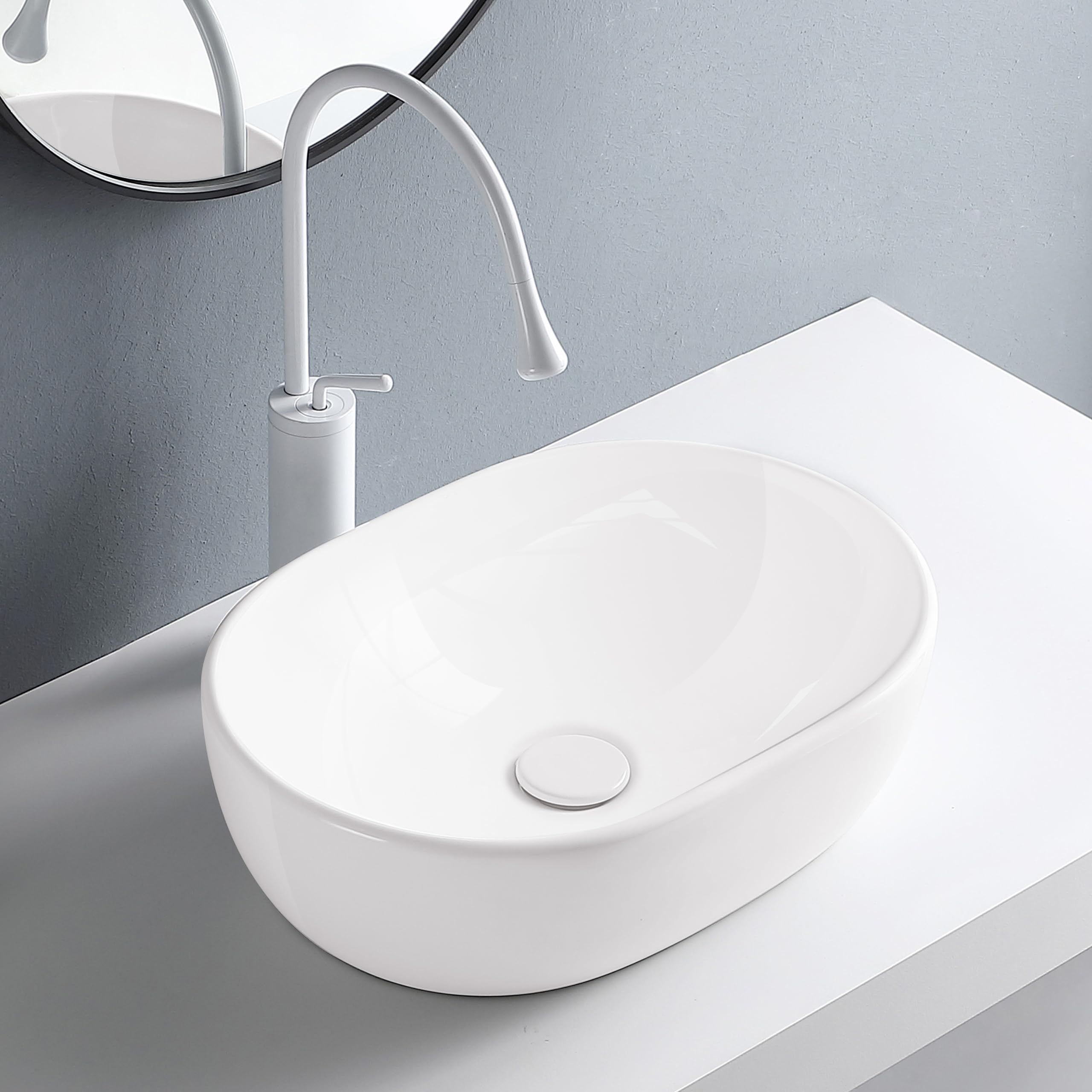 AQUAUNO - Lavabo da appoggio, 48 x 35 cm, ovale, in ceramica bianca, senza foro per rubinetto e troppopieno, per sanitari, bagno moderno