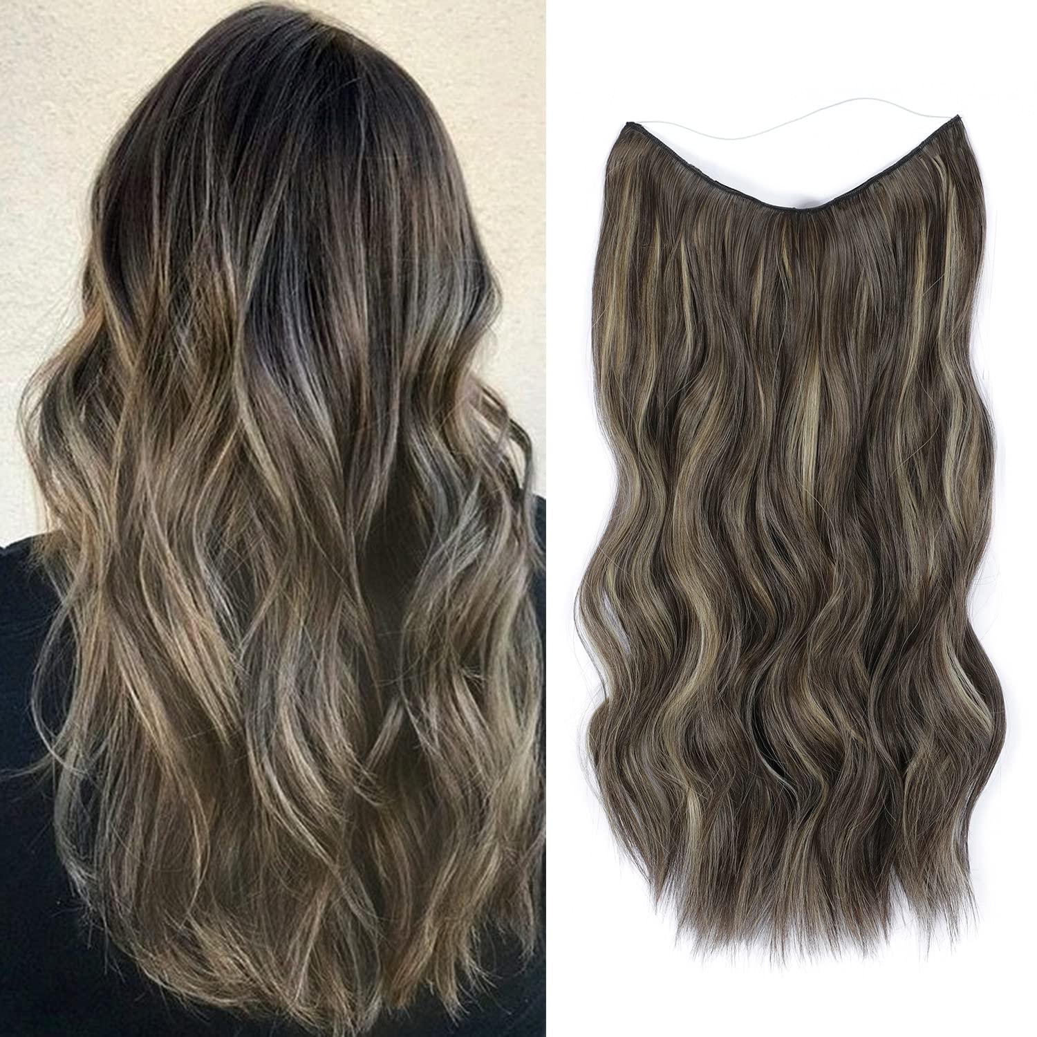 MORICHY Synthetic Invisible Wire Hair Extensions Cool Neutral Mushroom Brown Balayage Long Clip in Wave Curly Secret Hairpiece for Women Stress-Free Adjustable Size 2 Secure Clips 16 Inch