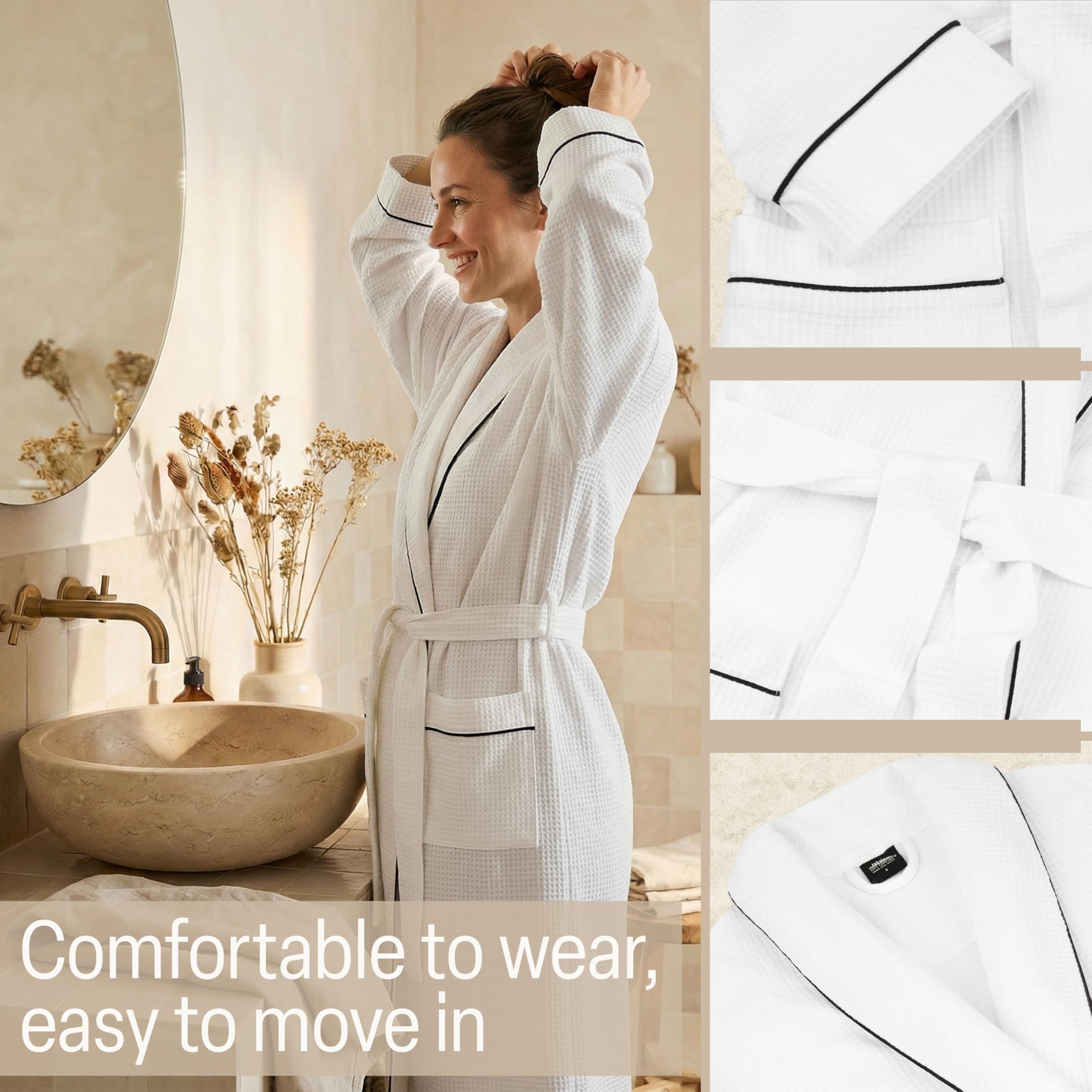 Get Trend Peignoir de Bain Femme et Ados S–2XL, Léger et Gaufré Robe de Chambre avec Ceinture, Voyage Accessoires, Cadeau Femme