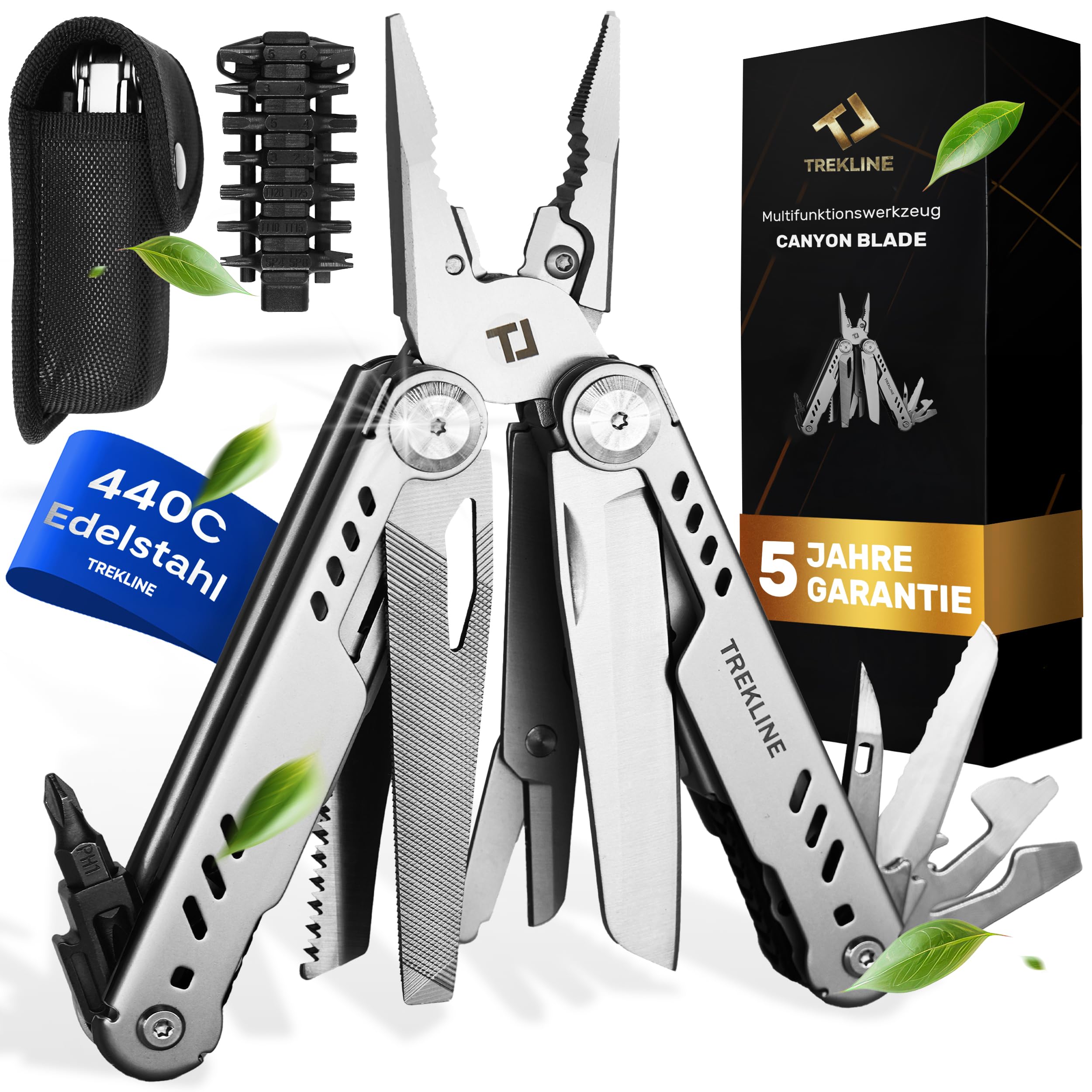 Navaja Multiherramienta [Acero Inoxidable 440C] Alicate Multiusos Camping Outdoor Supervivencia, Cuchillo Plegable de Bolsillo, Herramienta Senderismo Pesca Caza (Canyon Blade) (Negro)