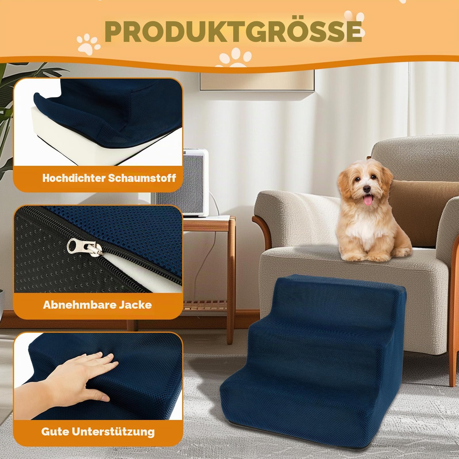 Haustiertreppe Hundetreppe 27cm 3 Stufen rutschfest mit Waschbarem 3D Cord Bezug, Hundetreppe für Kleine Hunde Hochwertige Schwamm, Hunderampe Katzentreppe, für Betten Sofas Autos