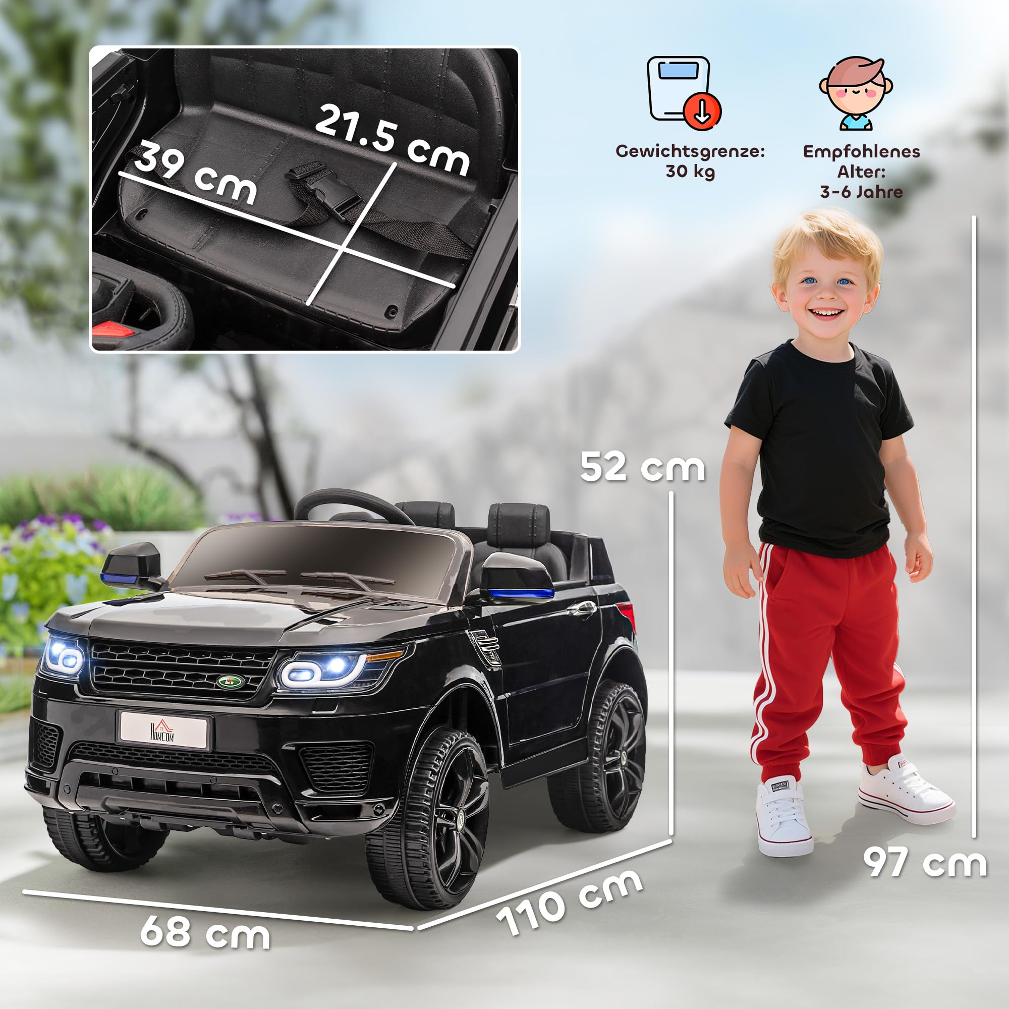 HOMCOM Kinder Elektroauto 12V mit 2,4 GHz Fernbedienung 2 Motor Schwarz | Kinderauto, Kinderfahrzeug mit Sanftstart, Hupe, Scheinwerfer, Elektrofahrzeug 5 km/h, für 3-5 Jahre Kinder