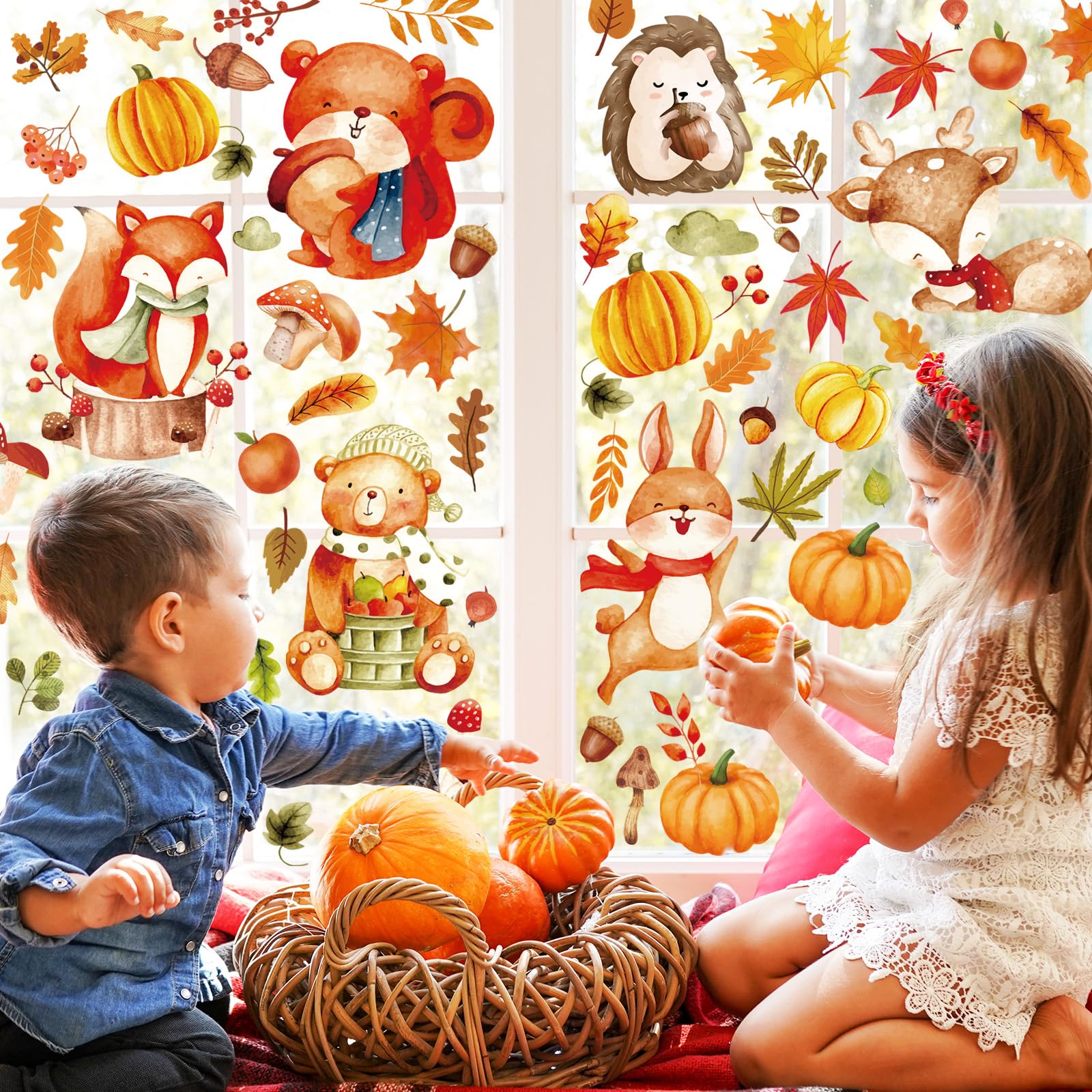 Fall Woodland Animals Window Clings – 9 Sheets, Fox, Squirrel, Owl, Pumpkin Decor