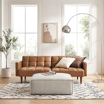 mopio 76.4 Futon Sofa Bed, Couch, Loveseat, Sleeper Sofa, Mid Century Modern Futon Couch, Sofa Cama, Couches for Living Room (Aaron PU, Pecan Brown)