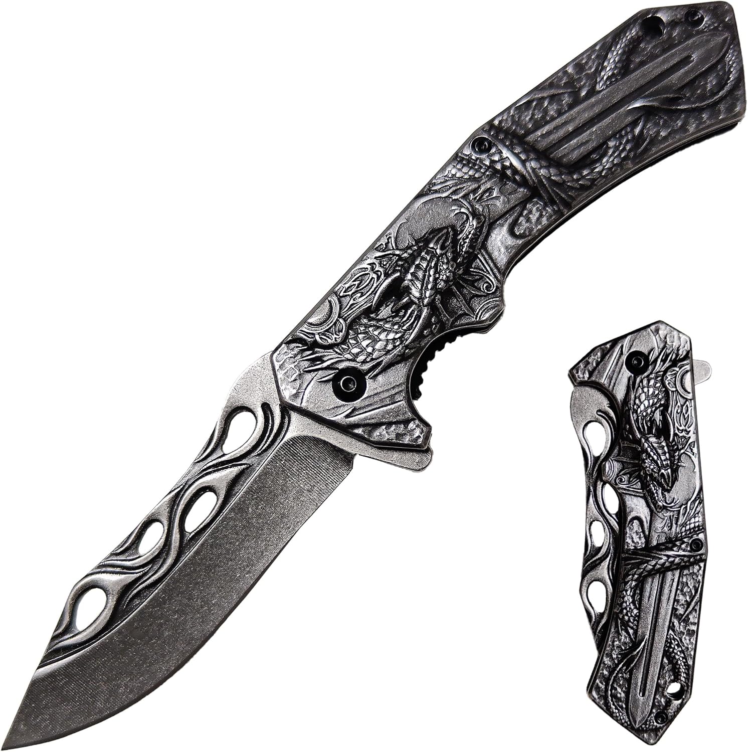 Cool Dragon Fire Pocket Knife with 3D Pattern Steel Handle - 4" EDC Pocket Knife for Men Women - Flipper Opening Folding Knives for Outdoor Survival Camping Hunting Hiking