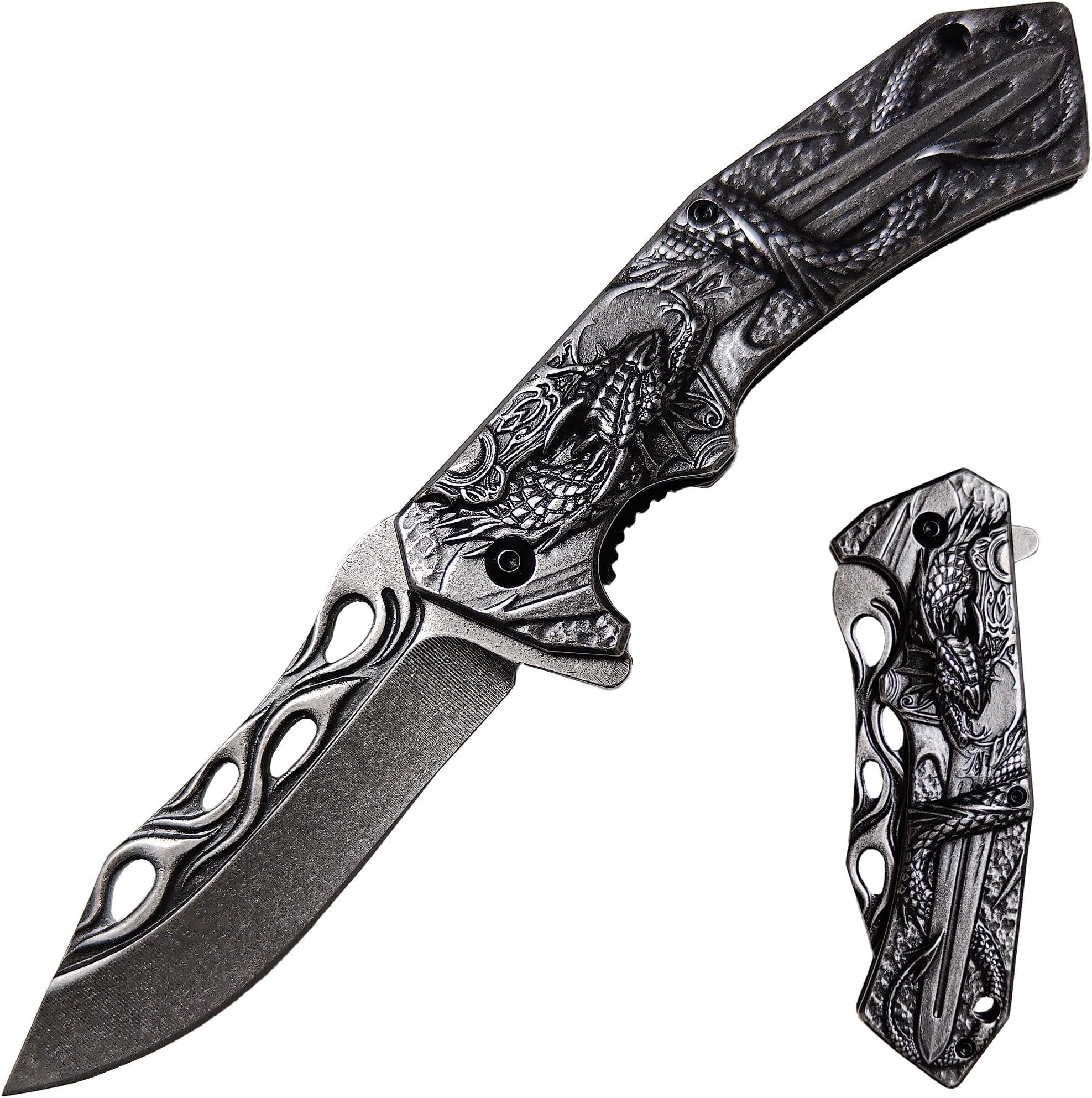 Cool Dragon Fire Pocket Knife with 3D Pattern Steel Handle - 4" EDC Pocket Knife for Men Women - Flipper Opening Folding Knives for Outdoor Survival Camping Hunting Hiking