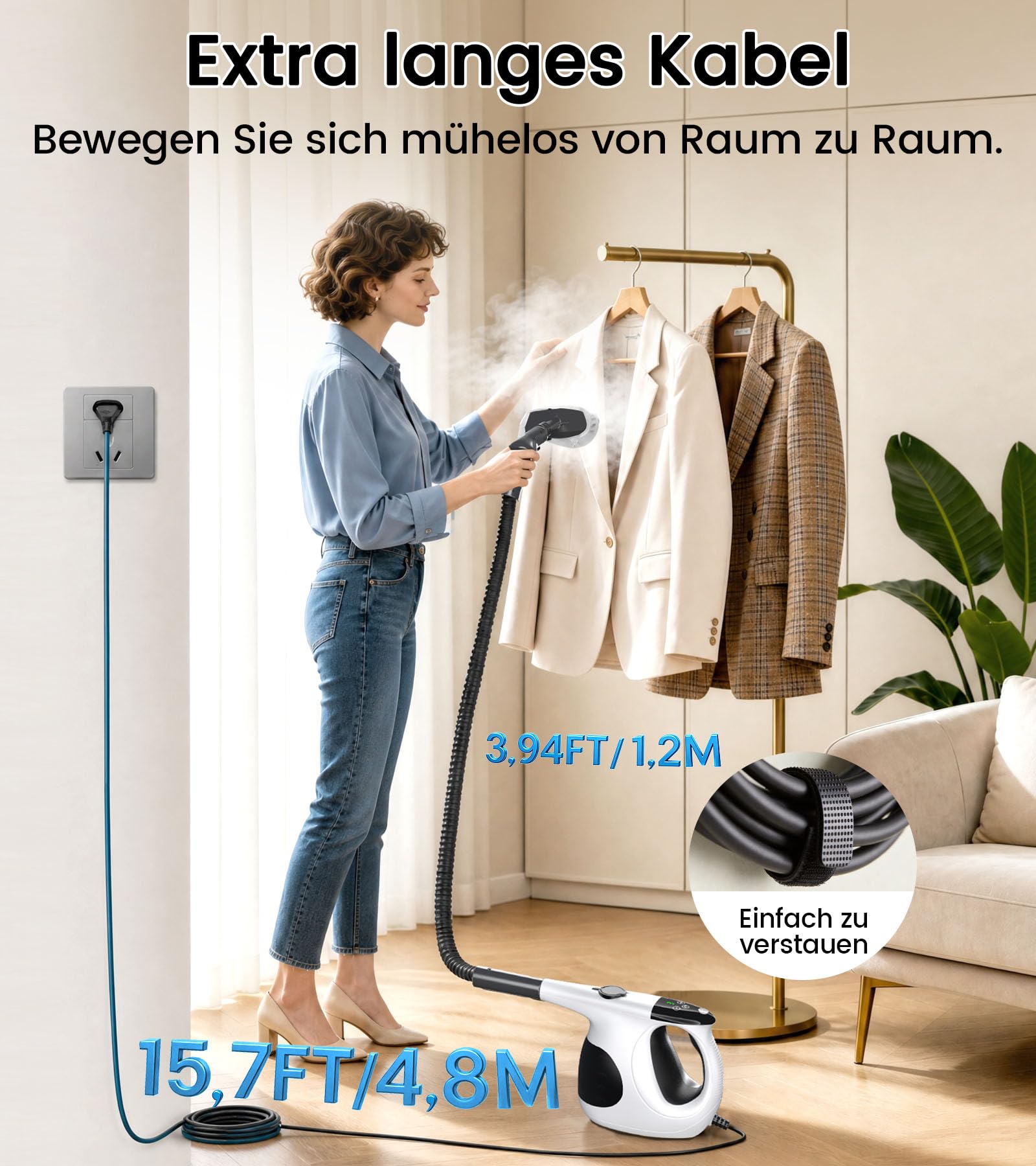 JBER Dampfreiniger Handgerät 1200W für Heim, 3 Sek.Aufheizzeit, 400ML Tank | Vielseitiger Dampfreiniger mit 3 Dampfstufen, 11 Zubehör,110℃ Handdampfreiniger mit 4,8m Netzkabel für Küche, Bad, Fenster