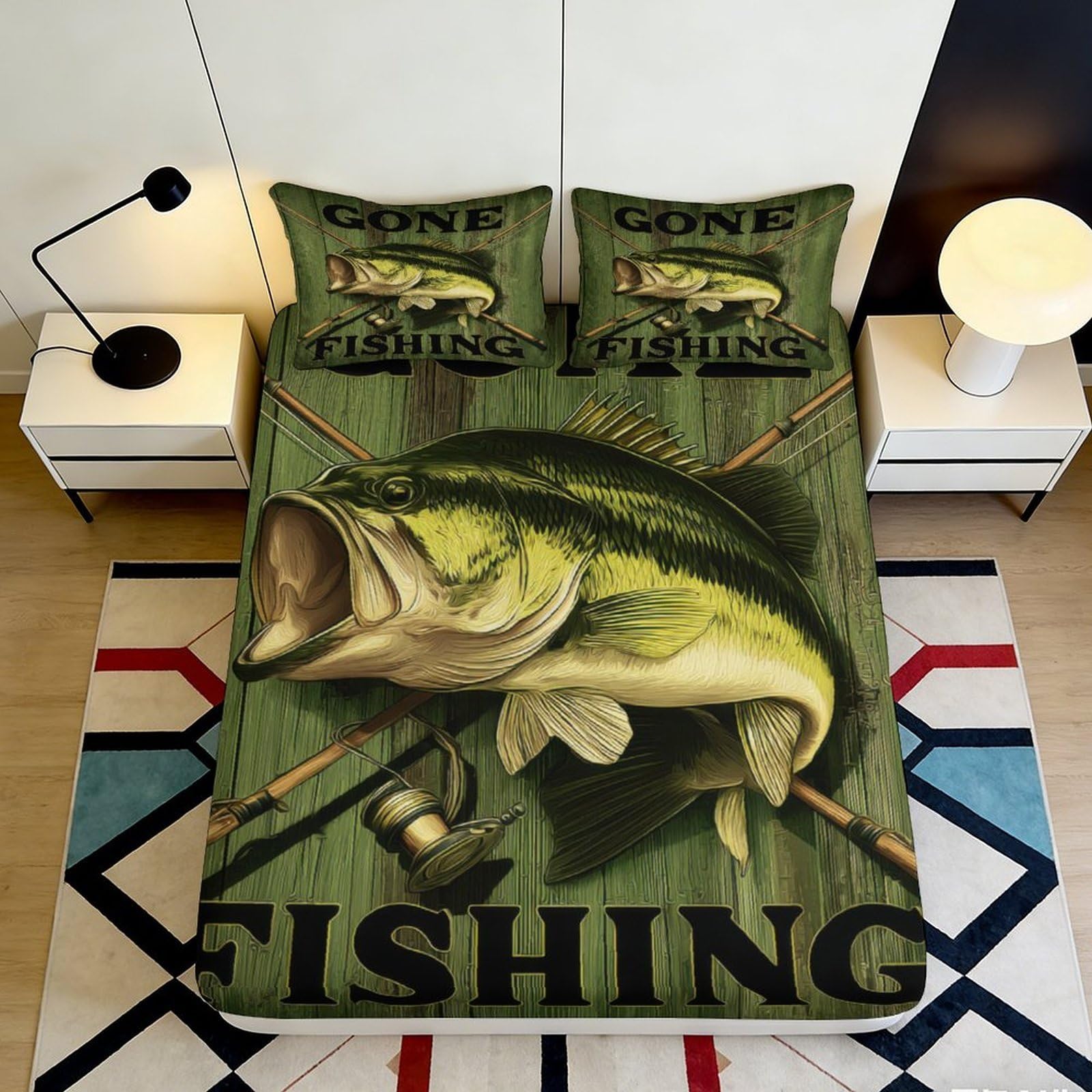 3D Printed Fishing Bass Fitted Sheet Microfiber Soft Decorative Rod Lure Bed Cover for Bedroom Dorm Mattress Protection 90x200x25cm