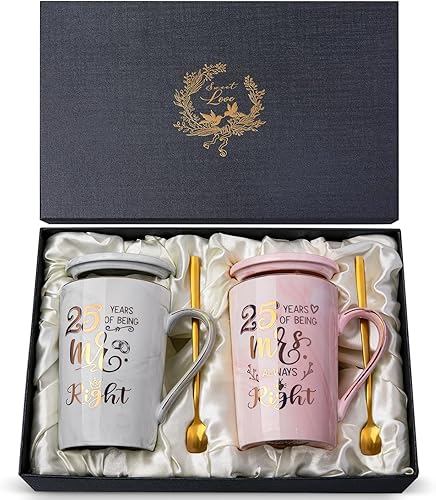 Biching Regalos de boda con el 25 aniversario de Being Mr Right & Mrs Always Right. Taza de café para parejas, padres, mujeres, hombres y amigos, 14