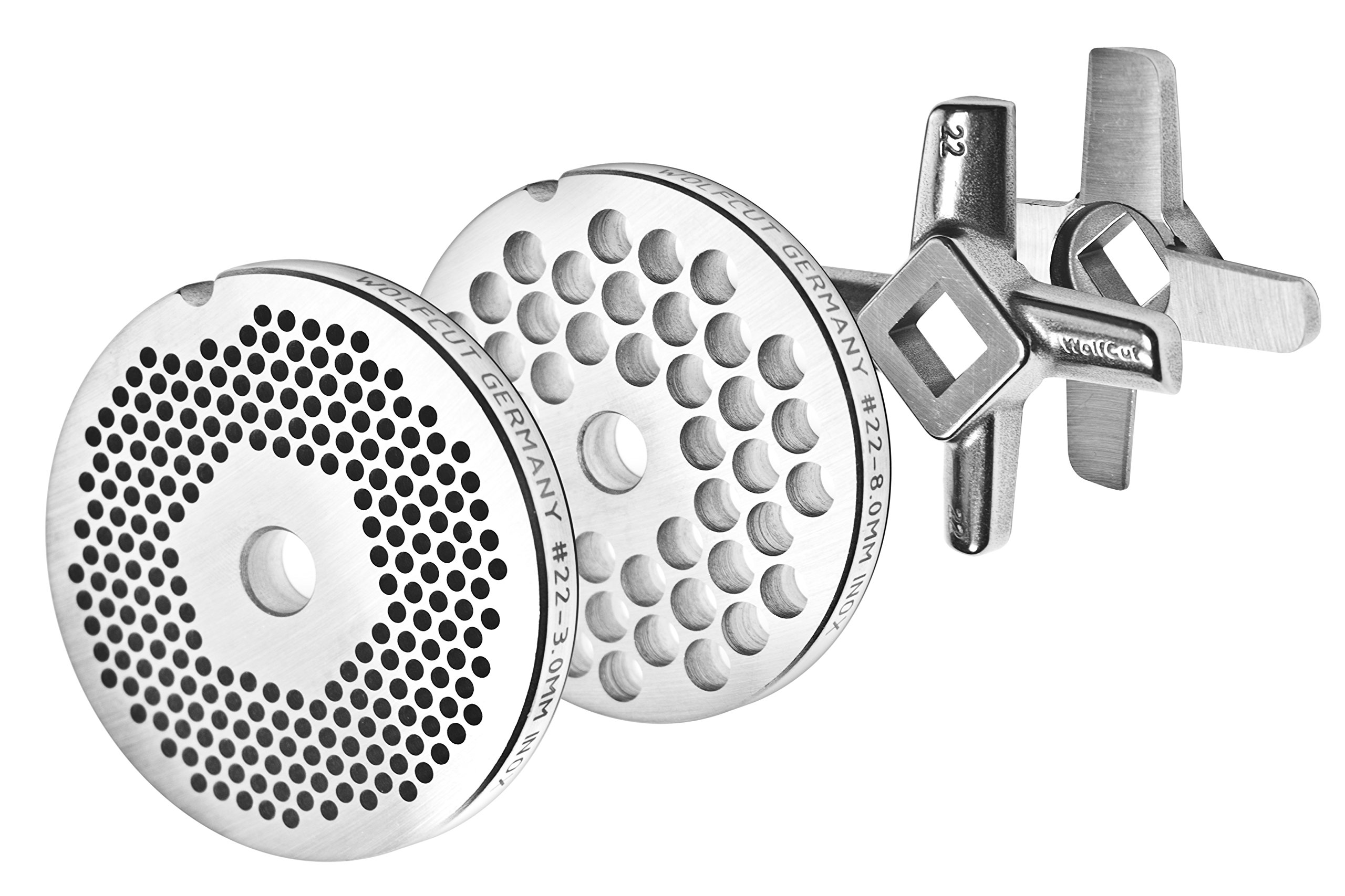 Zestaw tarcz do maszynki do mięsa rozmiary 22/3 mm-8 mm i nóż krzyżowy