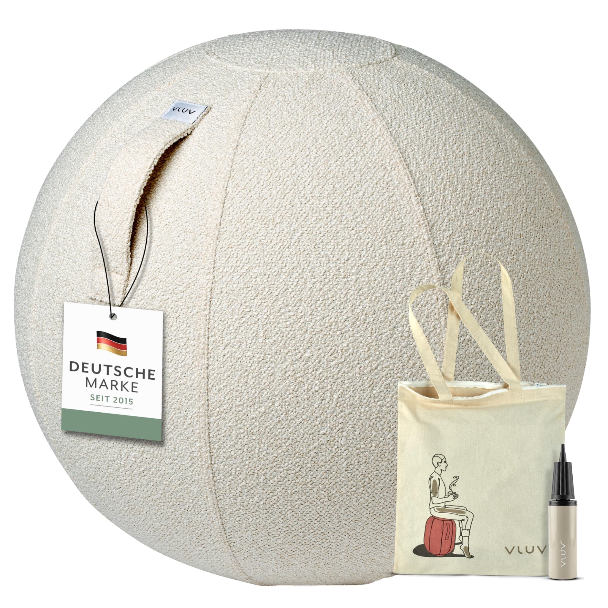 VLUV® BOL Diva Sitzball mit Bouclé Stoffbezug White (Weiß) Ø 60-65cm