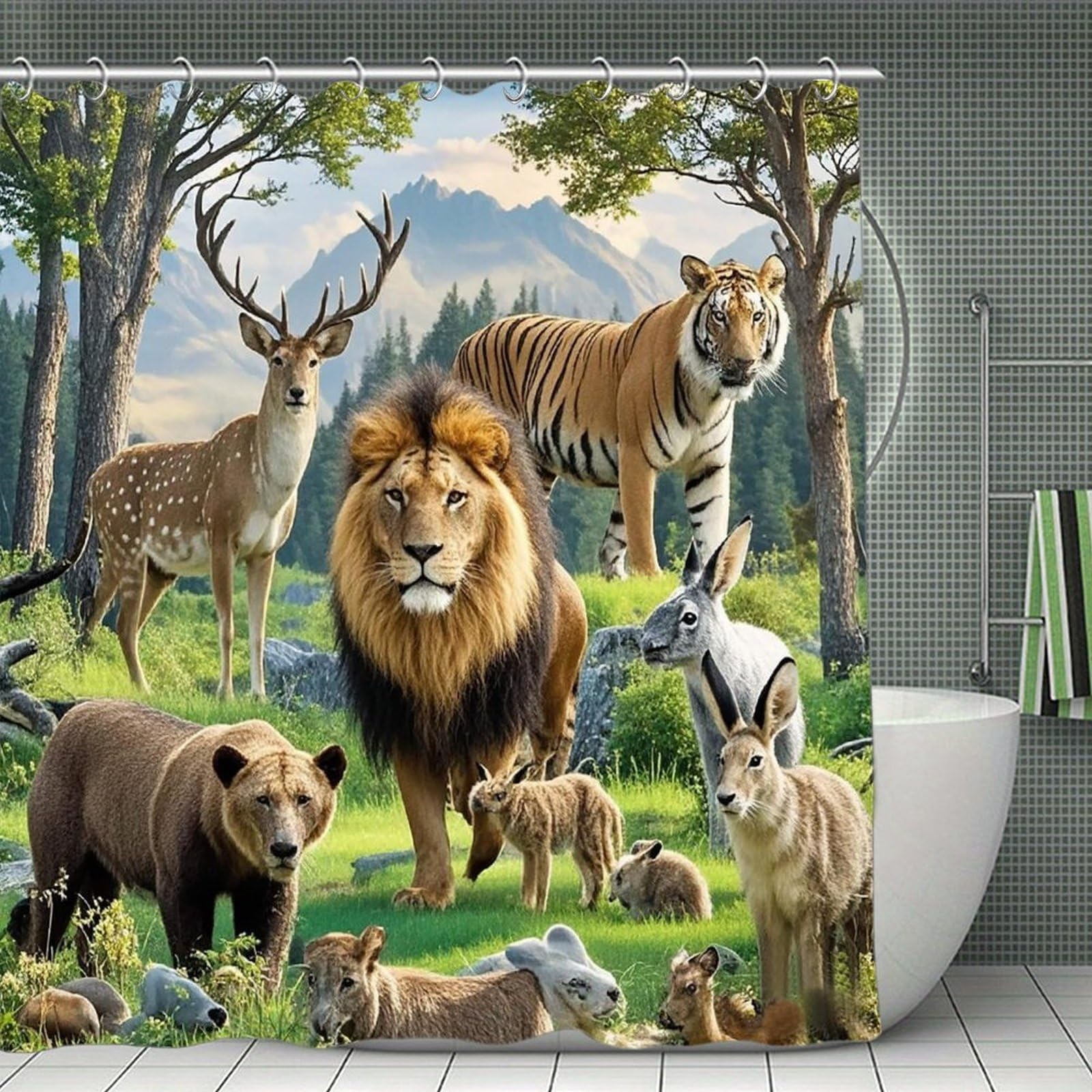 FekiLoot Wild Animals Shower Curtain with Hooks Modern Farmhouse Bathroom Curtain Waterproof Cloth Bath Curtains Cute Washable Blackout Privacy Curtains for Bathroom Bathtub 70.8"x70.8"