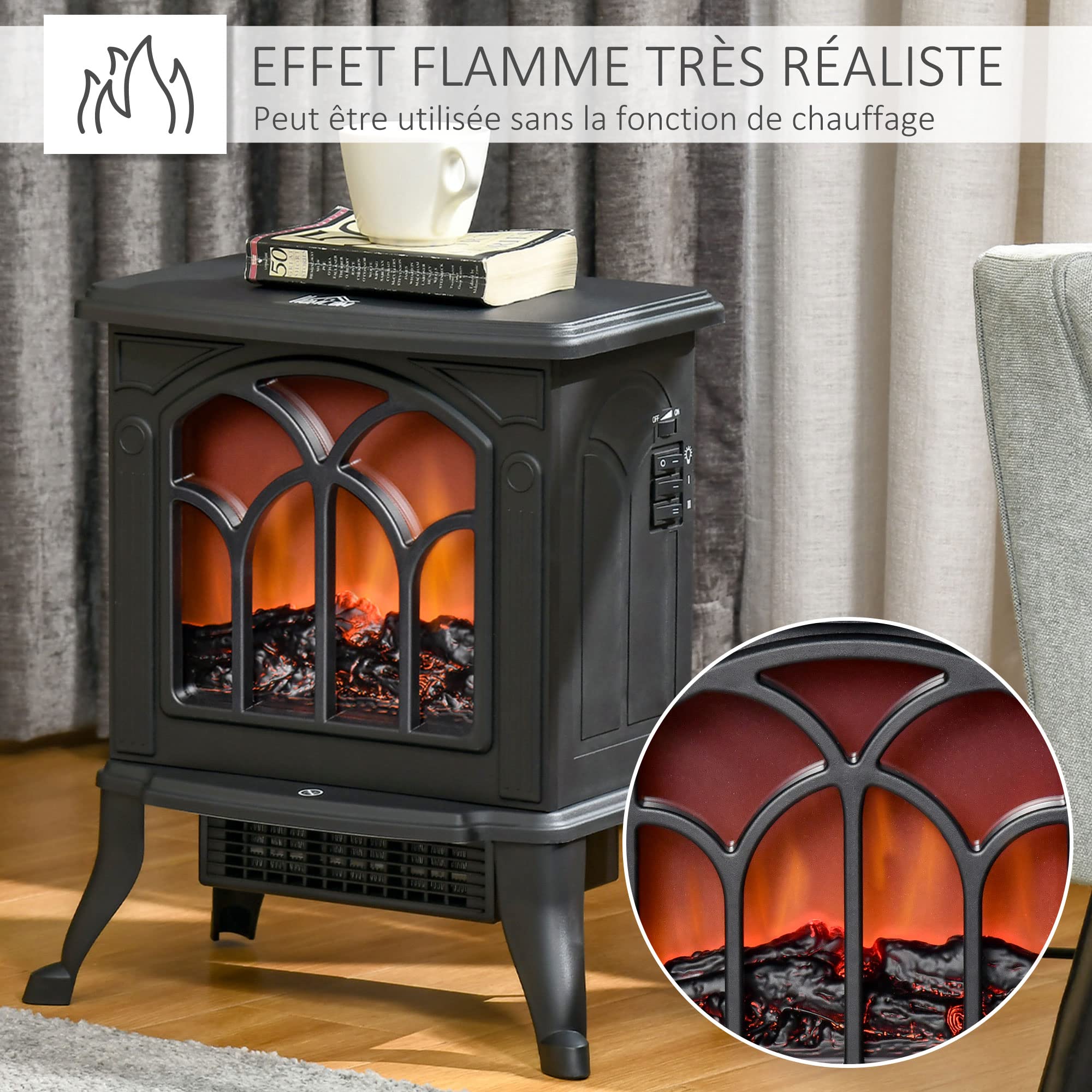HOMCOM Cheminée électrique sur Pied 750/1500 W, Fausse cheminée décorative avec Effet Flamme LED, Protection Contre la surchauffe, Zone de Couverture 15-20 m², Noir