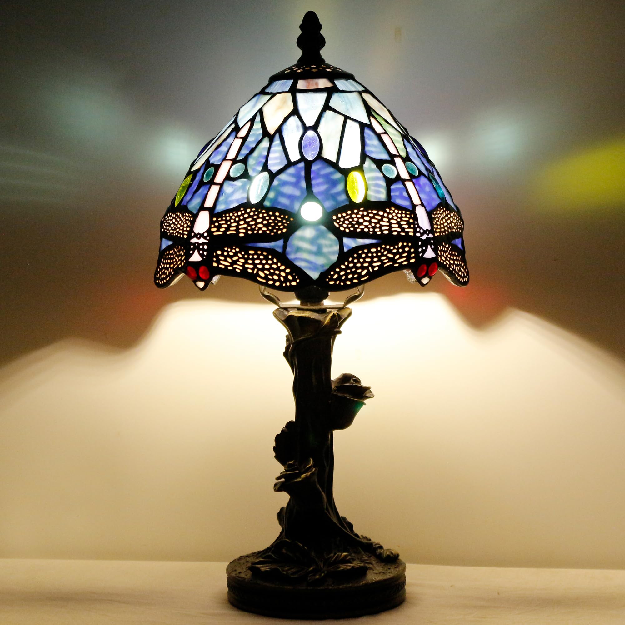 Small Tiffany Table Lamp Stained Glass Lamp Navy Blue Dragonfly Style Bedside Light Mini Accent Desk Memory Lamp 8X15 Inch