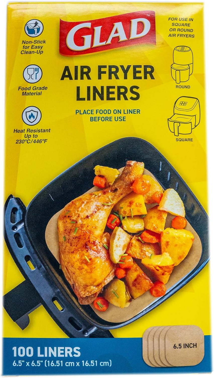 Glad Air Fryer Liners, Nonstick and Heat Resistant, Food Grade Material, Suitable for Round and Square Air Fryers, Air Fryer Accessories, 6.5″ x 6.5″ – 100 Count Glad Air Fryer Liners, Nonstick and Heat Resistant, Food Grade Material, Suitable for Round and Square Air Fryers, Air Fryer Accessories, 6.5″ x 6.5″ – 100 Count