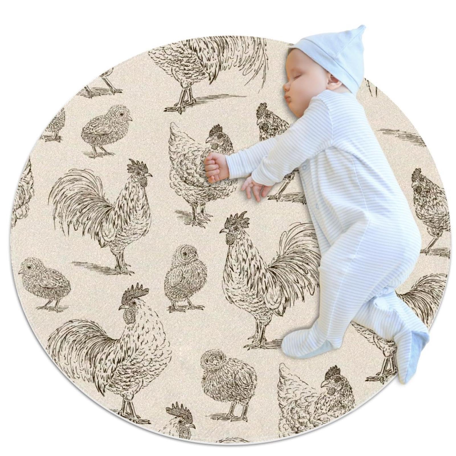 Tapis de salle de bain rond 1m imprimé coq et camomille antidérapant