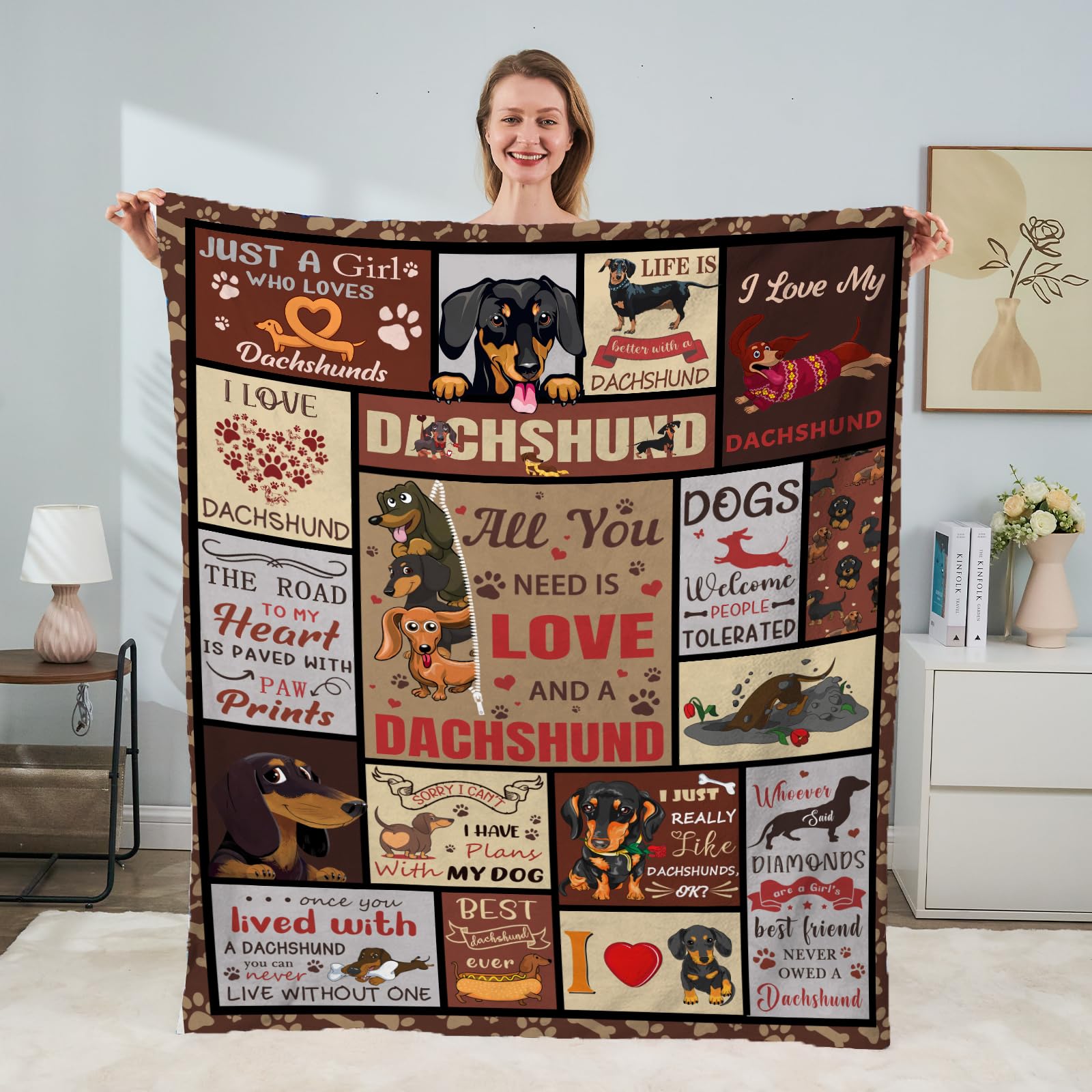 FAIVHSO Dachshund Throw Blanket, Cute Wiener Dog Lightweight Cozy Flannel Throw Blanket, Dachshund Decor for Couch Sofa, 50 x 60 Inch