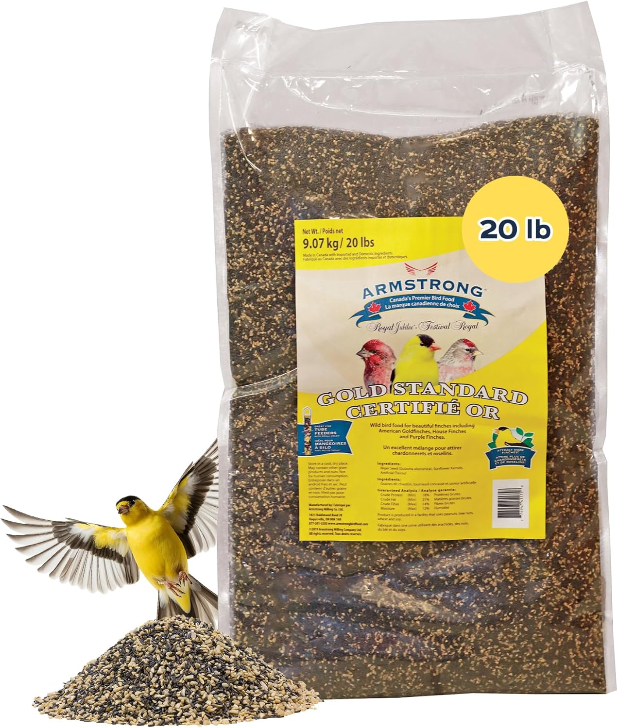 Armstrong Wild Bird Food Royal Jubilee Gold Standard Blend, 20 Pounds - with Nyjer Seeds and Sunflower Kernels for American Goldfinches, Black Capped Chickadees and House Sparrows for Outside Feeders