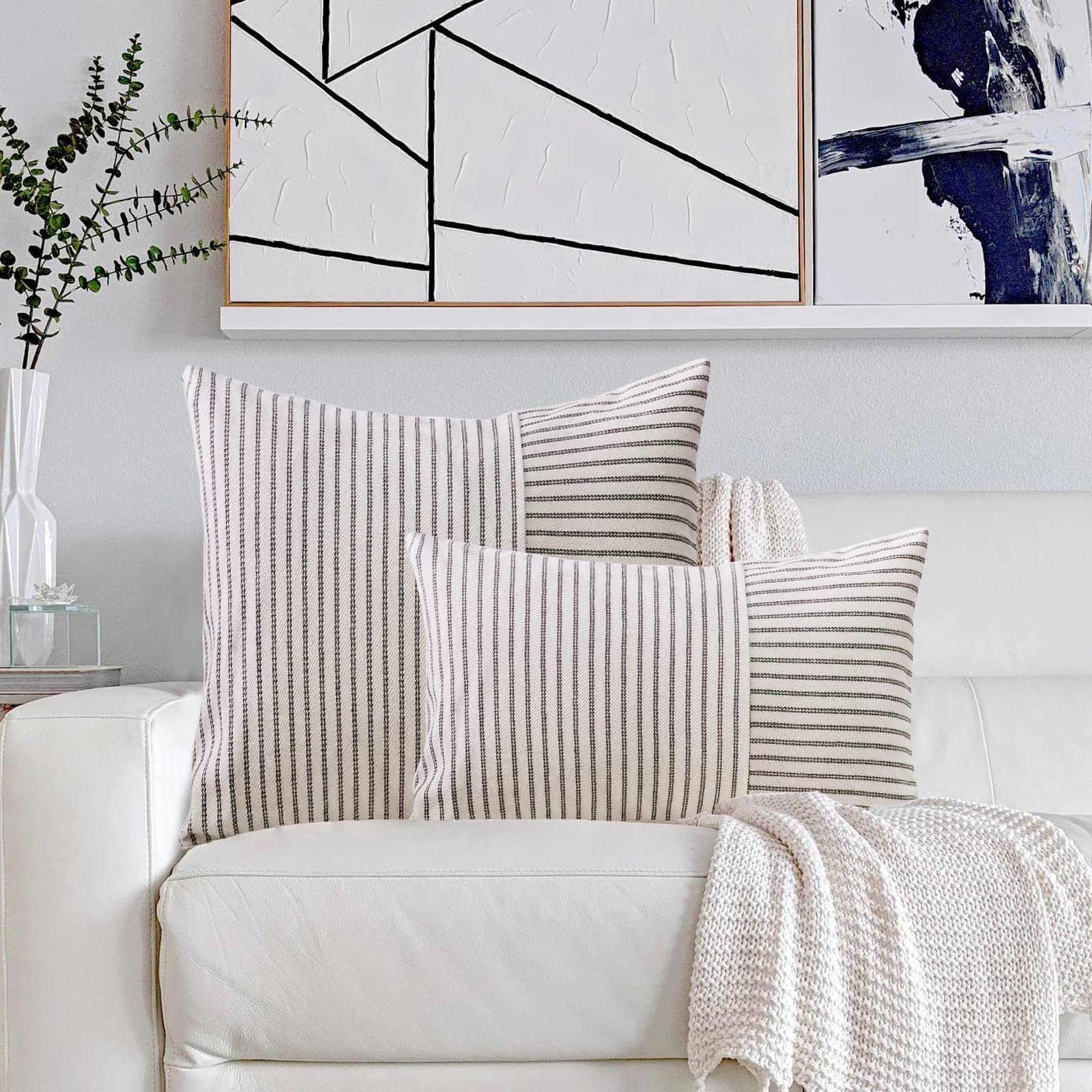 AELS Decoratieve boerderij linnen sierkussenslopen, boho getextureerde kussensloop, set van 2, beige met witte en grijze steekgaren, geverfde gestreepte kussensloop voor bank, woonkamer (Alleen hoes