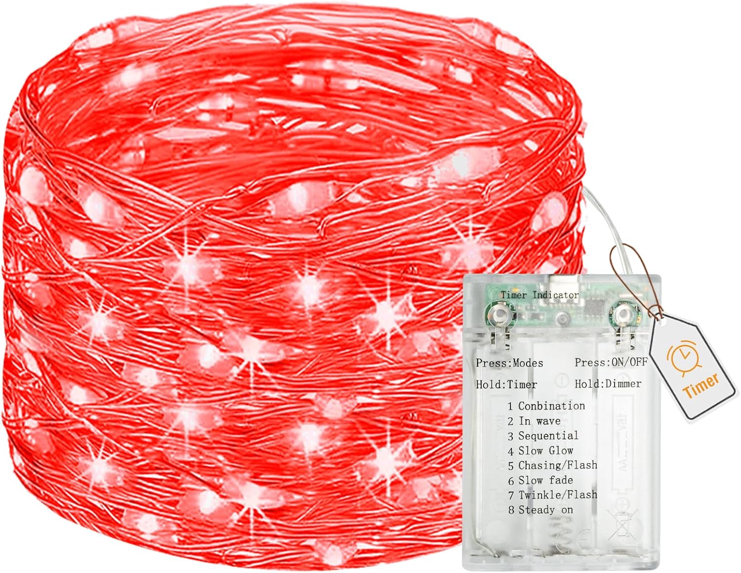 btfarm 5M 50 LED Lichterkette Batterie mit Timer Rot, Mini Valentinstag Lichterketten Innen Dimmbar 8 Modi, Wasserdicht Draht Lichterkette Batteriebetrieben USB-Anschluss für Weihnachten Party Zimmer