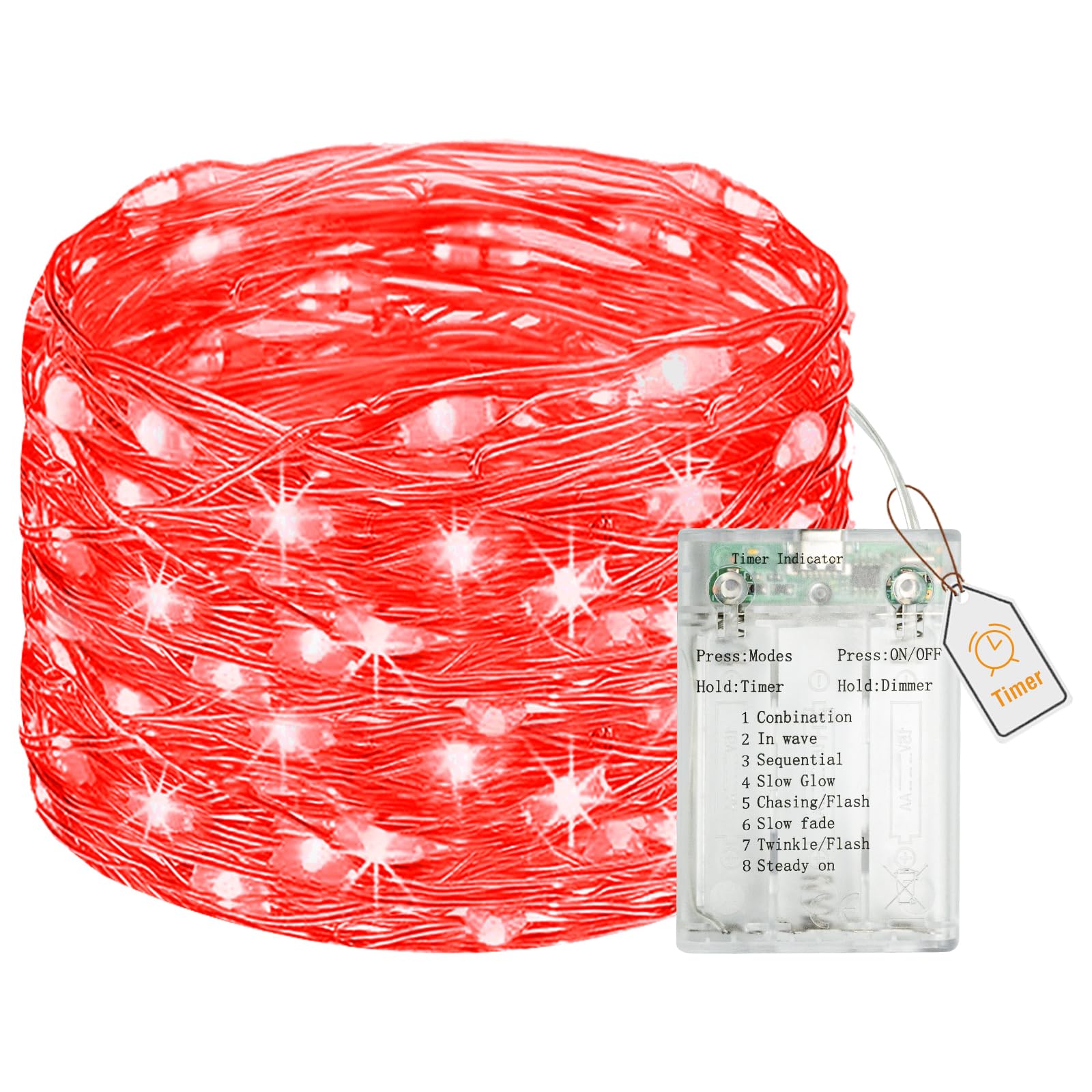 btfarm 5M 50 LED Lichterkette Batterie mit Timer Rot, Mini Valentinstag Lichterketten Innen Dimmbar 8 Modi, Wasserdicht Draht Lichterkette Batteriebetrieben USB-Anschluss für Weihnachten Party Zimmer