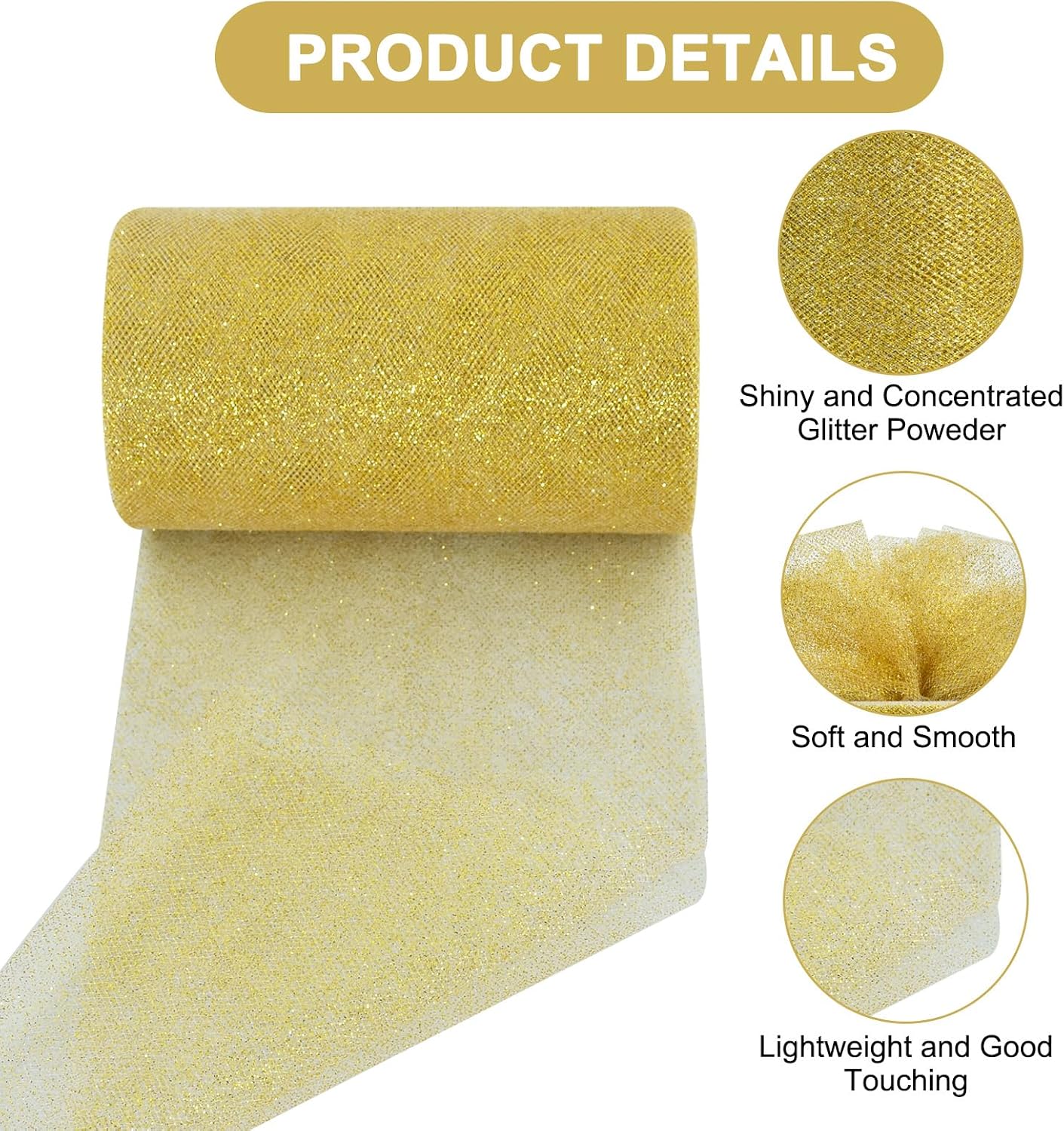 TONIFUL Gold Glitter Tulle Roll 6 Inch x 50 Yard Tulle Ribbon for Tutu Skirt, Wedding Christmas Baby Shower Valentine's Decorations and DIY Crafts