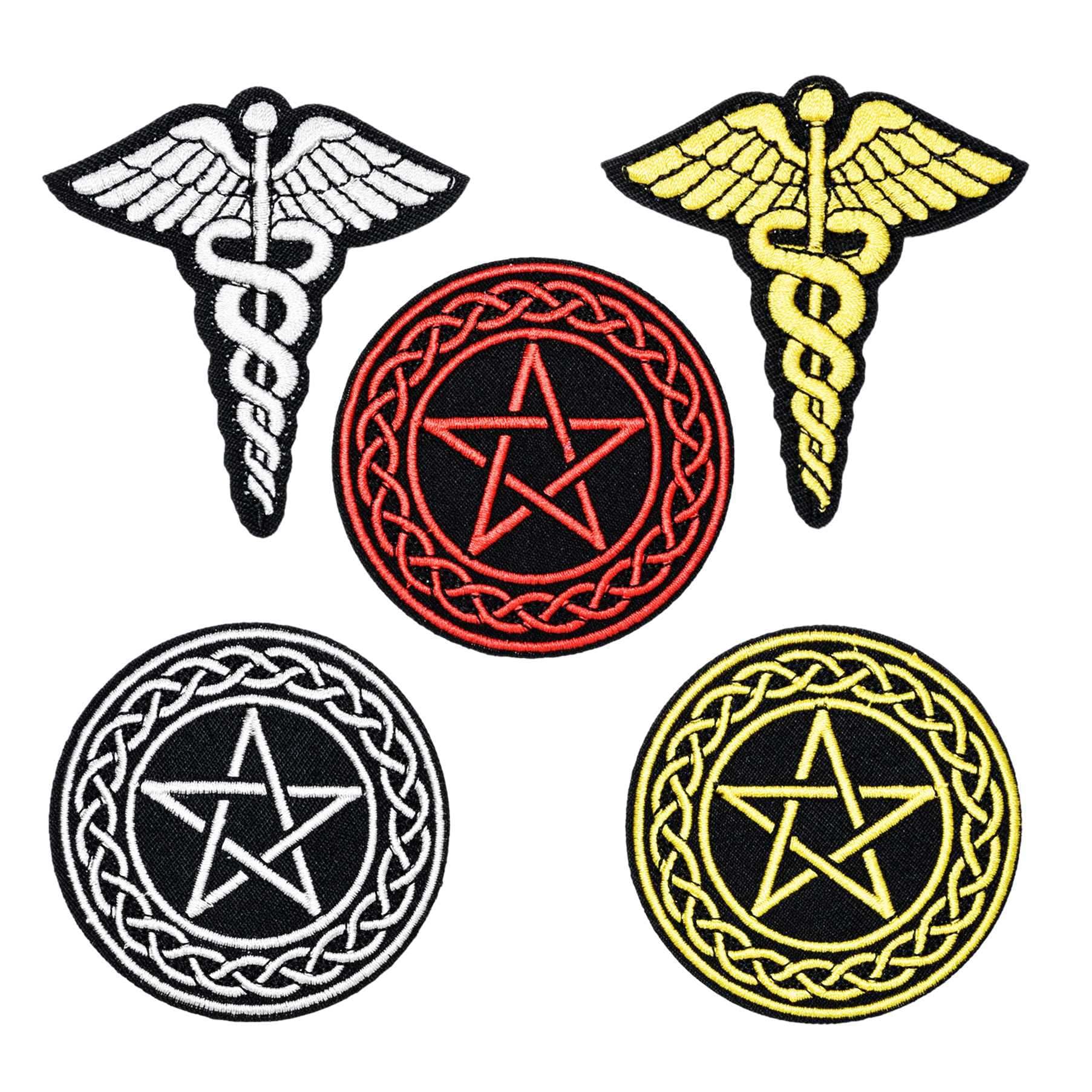 5Pcs Round Star Metatron Pentacle EMS Medical Caduceus Embroidered Iron on Patch Set Accessories for Clothes Hats Bags Jeans Backpacks